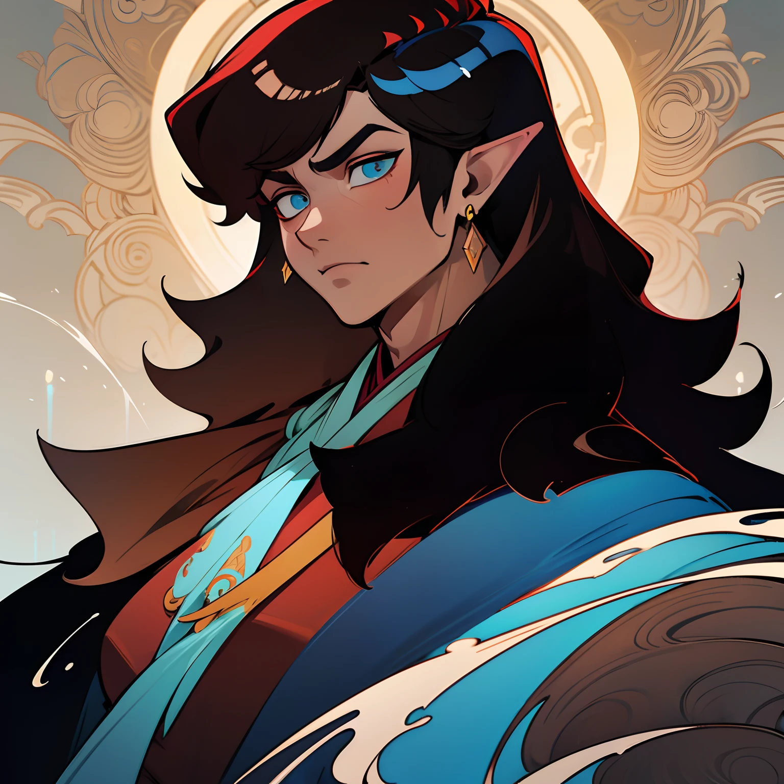 (inked original-art:1.2),(lineart:1.33), 1 male, full body portrait half-elf, close-up, asian, wearing a noble robes with a thick bear fur coat, earrings (depth)  hair stylized into a Wolfcut, poster-art, (looking to the side) (hyperdefined) (thin-lines), black hair with red streaks, Fantasy DND aesthetic, white blue yellow brown, complex-lighting,(fine-details:1.3),RAW-format,clean,intricate