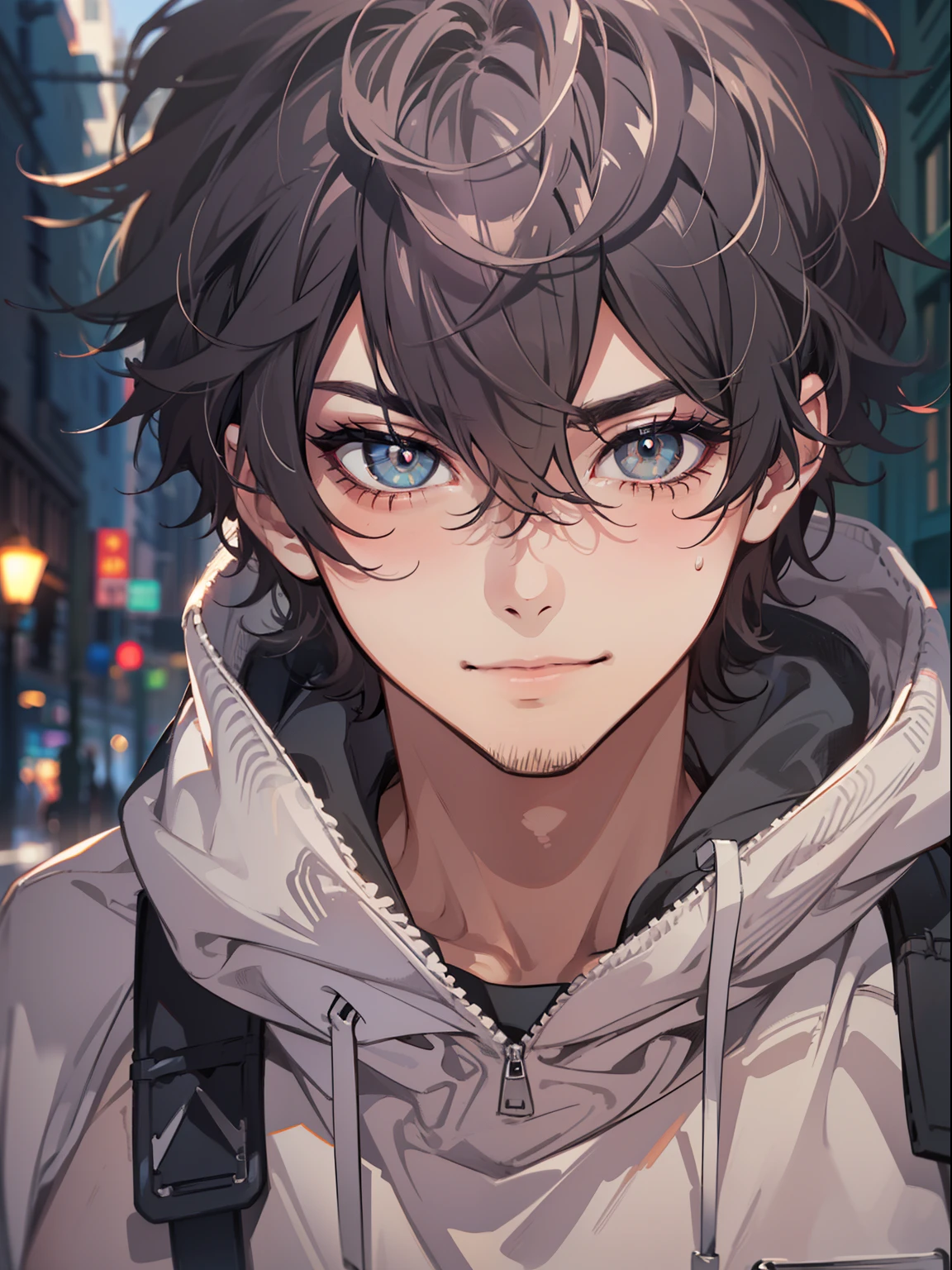 ((highest quality, masterpiece, 4k, finely detailed, detailed eyes, detailed face, gelbooru, pixiv)), warm lighting, ((solo)), 1 male, handsome, masculine, adult male, broad shoulders, closeup of face, ((black chin hair)), portrait, slight blush on cheeks, smiling, looking at viewer, ((lazy eyes, half-lidded, eyebags under eyes, black eyes with white pupils)), wearing modern clothing, hoodie with a logo, sweatpants, standing, hands in pockets, ((black hair, medium length hair, shaggy hairstyle, messy hair)), city background, 1 female friend with him