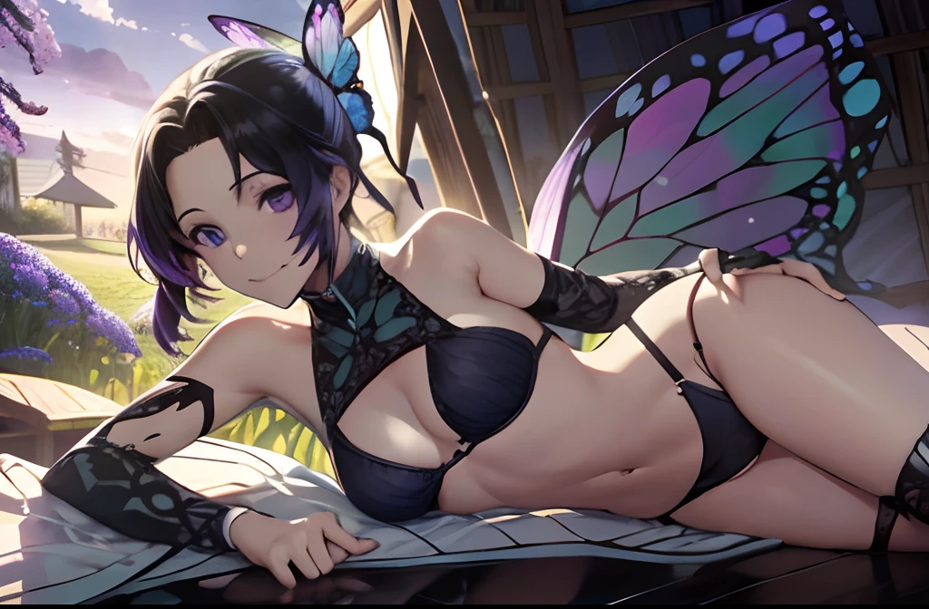 Ultra-realistic 8kCG,tmasterpiece,((hyper detailed background,delicate patterns,intricate-detail)),best qualtiy,extremely detailed man,extremely detailed eye and face,extremely detailed eye,kochou shinobu,O cabelo multicolorido,No bangs,Hair intake,Black eye,Cap,Black shirt,Black panties,(The bikini),butterflys,Strip Strip,(Trepical Garden:1.2),purple flower,Mostly cloudy sky,rays of sunshine,Tyndall effect,gradient_Heaven,faces,Beautiful sky,Saber on the waist,enchanting posture,(large full breasts:1.3),(cleaveage:1.3),(Off-the-shoulder costumes:1.5),ssmile, Appearance from behind, butt sticks out