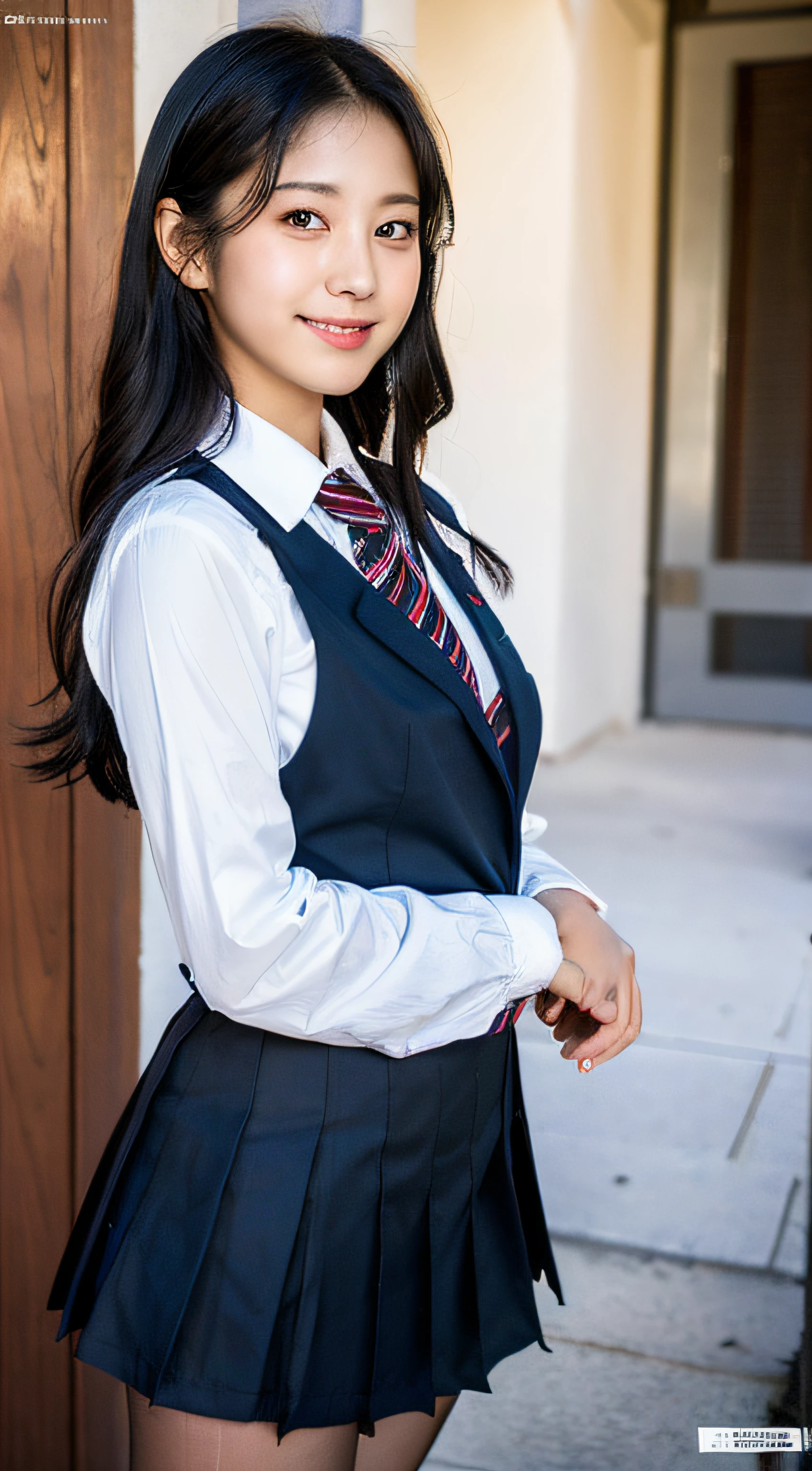 ulzzang-6500-v1.1, (Raw foto:1.2), (Big)(photorealestic:1.4), Beautiful detailed girl, Very detailed eyes and faces, Beautiful detailed eyes, comical, Unbelievably ridiculous, huge file size, A highly detailed, high resolucion, A highly detailed, Best quality at best, masterpiece, Chemomimi,(bobbed black hair) ((Japanese girls' high school uniform)), illustratio, A highly detailed, 8K wallpaper, astonishing, delicate detail, masterpiece, Best quality at best, 8K wallpaper, face light, cinematic lightings, 1girll, 16yo, ((Dynamic Pose)), (ripped pantyhose),Sorrisos
