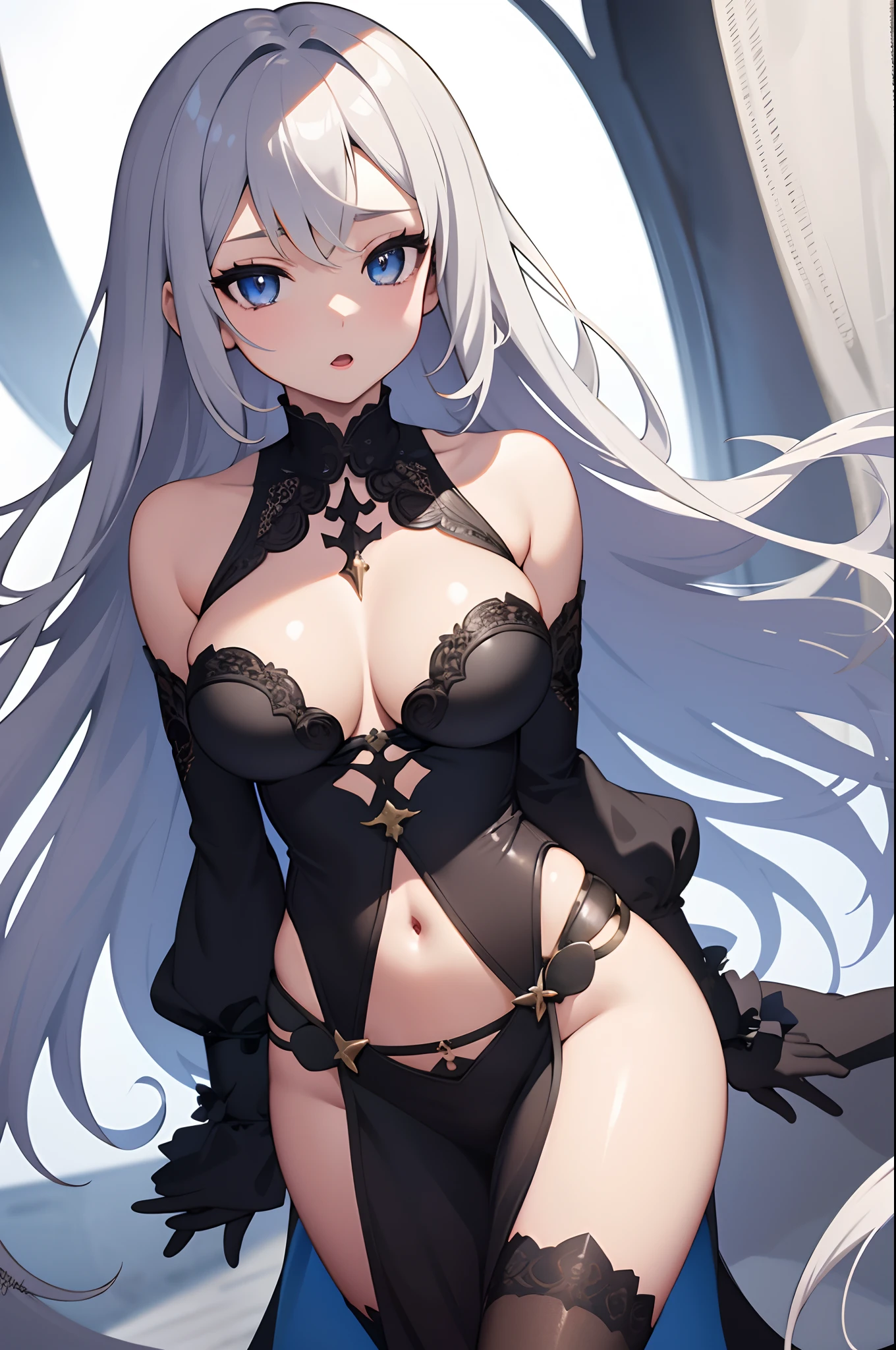 1girl, anime, cute girl, blank background, white background, fantasy, detailed dark fantasy dress with highlights, beautiful face, beautiful eyes, dark colors, medium breasts, slight cleavage, beautiful skin, cute, breast curtains, extremely delicate and beautiful, (beautiful detailed face:1.0), (detailed deep eyes), symmetrical breasts, deep eyes, shiny skin, portrait, slender waist, hips wider than shoulders, thighs, young girl
