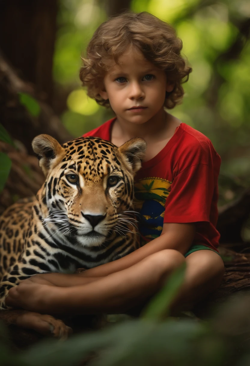 a five-year-old, White man with Brazil shirt in the middle of the forest sitting with his legs intertwined and with his hand on a jaguar
