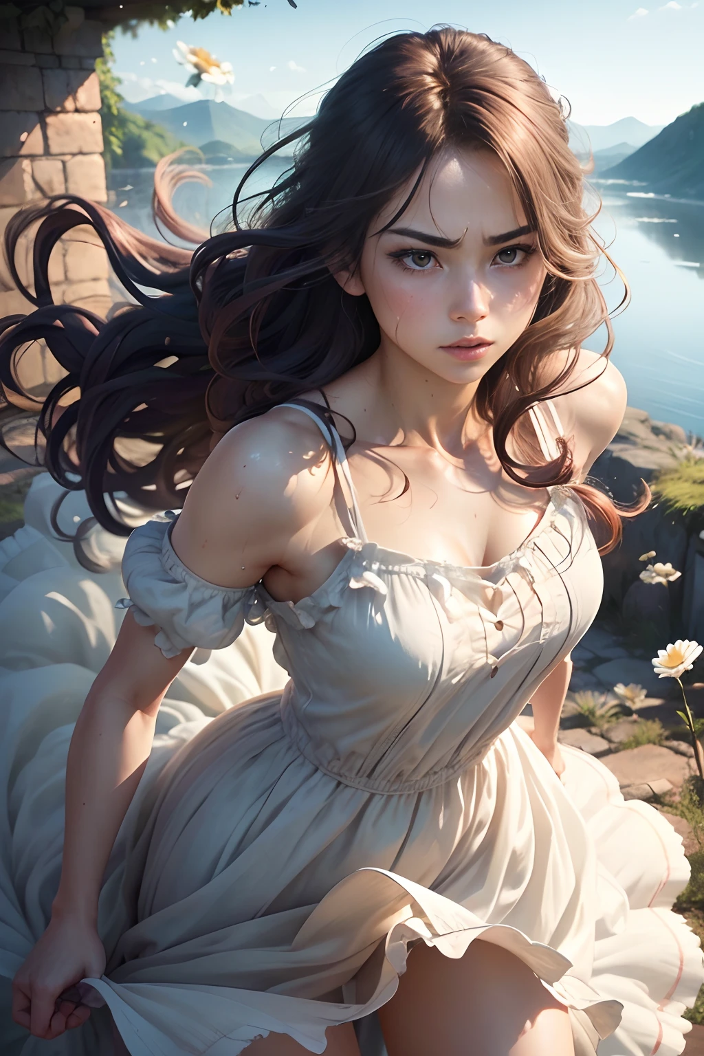 (Best Quality、Realistic、Photorealistic:1.37)、Strong fighting stance、fierce look、(Full body:1.5)、Classic painting style、Beautiful detailed eyes、long lashes、rosy cheeks、Rugged body、Wavy Hair、A flowing dress、Run forever、Chasing enemies、(disheveled dress and hair:1.5)、(Skin shiny with sweat)、Blue Sky Background、Hill full of pink and white daisies、Vivid colors、strong contrasts、Soft lighting、