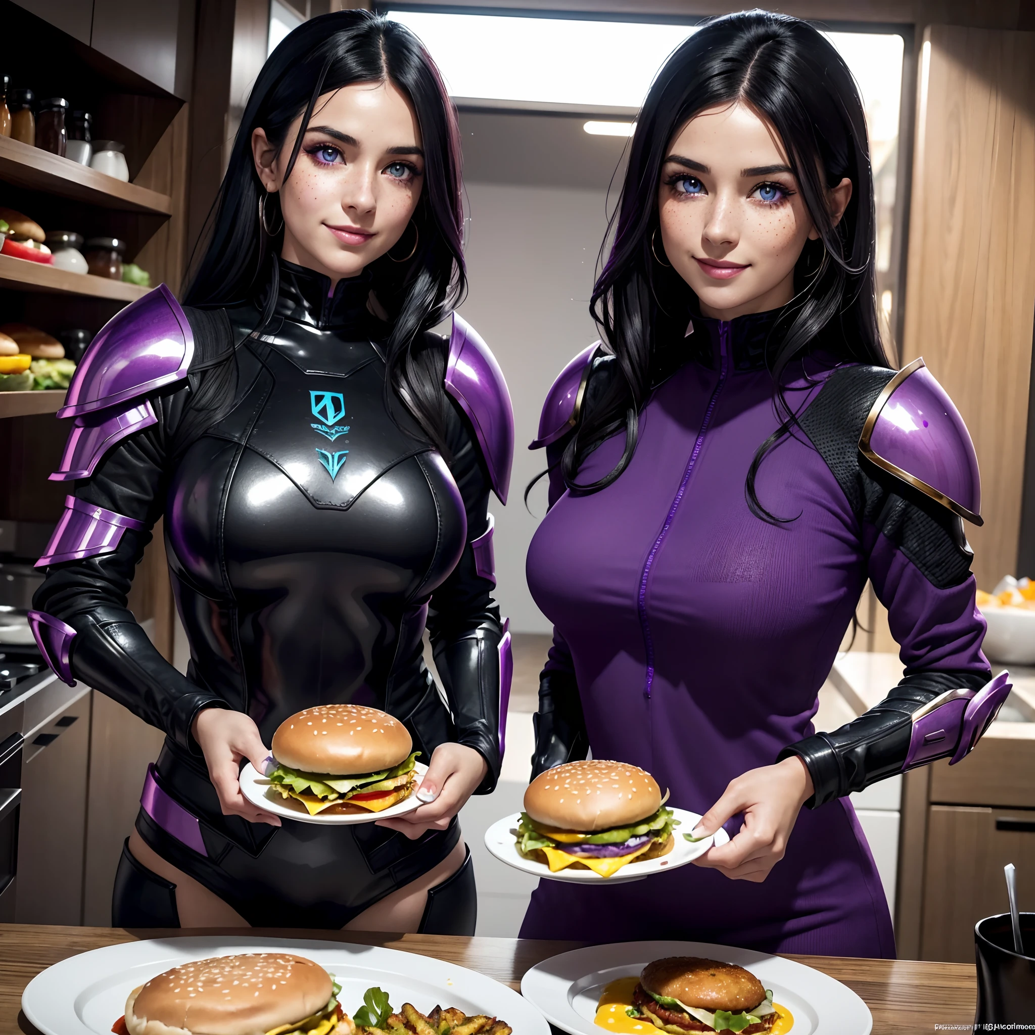 (4K,higres,Photorealistic:1.2),(hdr,Vivid colors),(concept-art)
A woman with wavy black hair and purple eyes wears black alien armor. She has freckles on her lovely face, Her cheeks were red. Her expression is full of movement and energy，The delicacy made her smile with satisfaction，She wears eyeshadow that matches the color of her eyes. She was preparing to eat a vibrant and colorful burger, Served with delicious beef patties, Crispy and juicy vegetables, And a rich man, Delicious sauce. Next to Hamburg, There was a good cup of coffee and some sugar cubes. It was a mouthwatering breakfast.