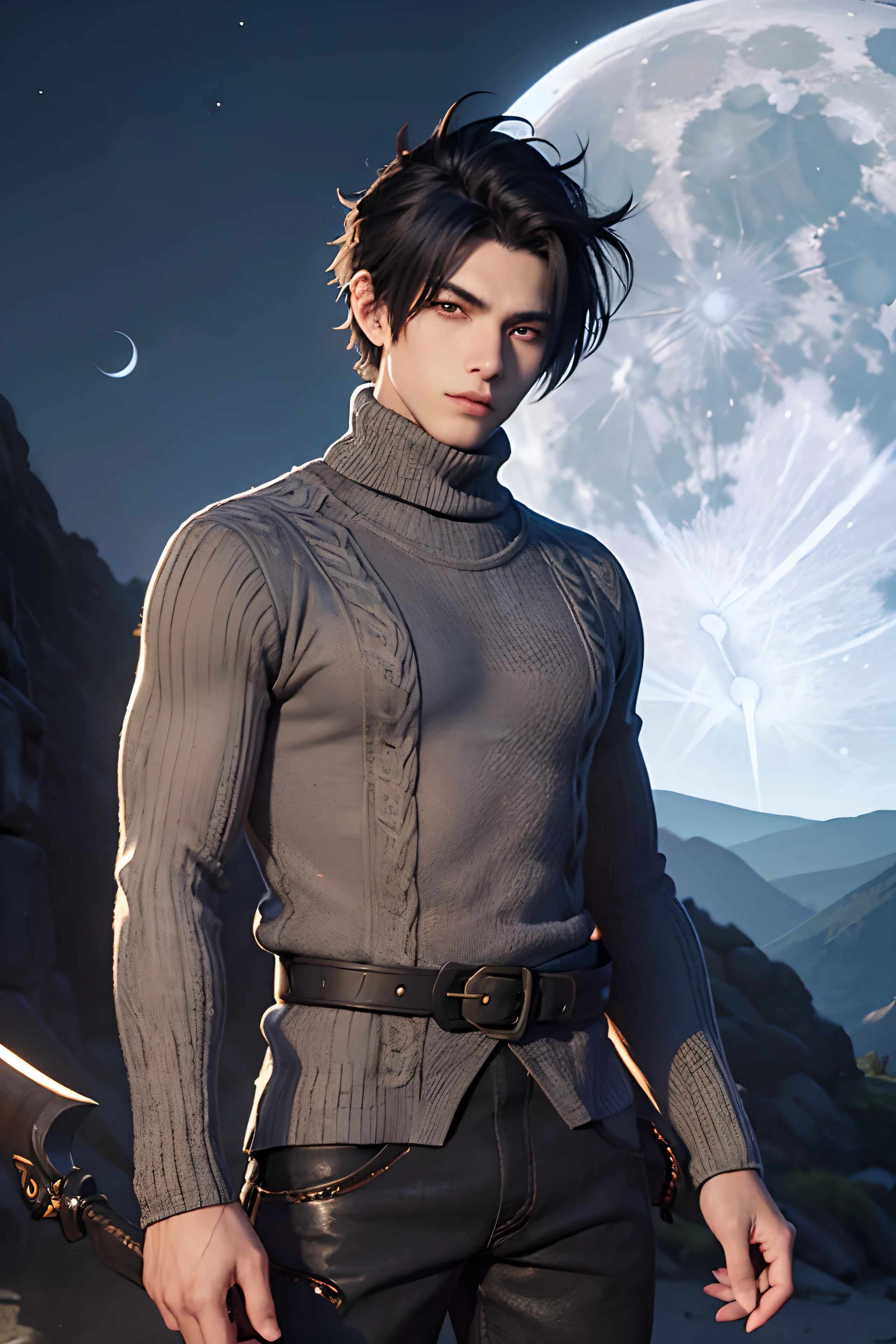 (((1 young man 21 years old))), anime character with short hair, black hair, ancient city background, ((large moon)), handsome man in demon slayer art, epic fantasy art style, badass anime 8k, epic fantasy digital art style, detailed digital anime art, human male demon, portrait of hades, epic fantasy art style hd, fierce expression 4k, perfect eyes, perfect skin, demon male, extremely detailed artgerm, ((wearing thick off-white turtleneck kneaded long sleeve sweater)), dark blue long pants, wind magic, a scar runs from forehead through his left eye