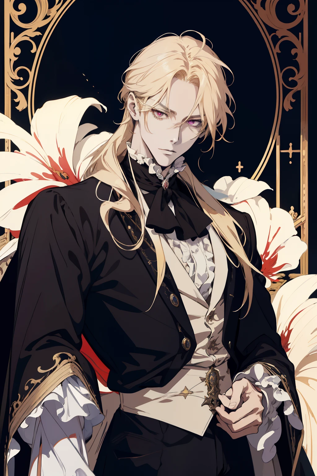 masterpiece, (absurdres:1.1), best quality, extremely delicate, (beautiful face:1.1), elegant, (great composition), bags under eyes, masterpiece, (absurdres:1.1), best quality, extremely delicate, Victorian era badass anime drawing of a man Regal Victorian era character masterpiece, (absurdres:1.1), best quality, extremely delicate, Victorian era badass anime drawing of a man Regal Victorian era inspired a close up character portrait, [ character design ], demon slayer rui fanart, [[[[grinning evily]]]] natural messy blonde hair Victorian era inspiration Victorian era badass anime drawing of (absurdres, highres, ultra detailed), 1 male, adult, (absurdres, highres, ultra detailed), 1 male, adult, handsome, tall muscular guy, broad shoulders, finely detailed purple eyes and detailed face, long blond hair, large 18th-century baroque mansion, garden, nobleman, aristocratic, elegant, anime, Victorian er a man in a white shirt and black cape, delicate androgynous prince, beautiful androgynous prince, portrait of magical long blond haired Red eyes prince, regal prince, Phoenix amulet zerochan art, casimir art, highly detailed exquisite fanart, inspired by Li Chevalier, key anime art, trending on artstation pixiv detailed middle aged beautiful detailed Radiant tall ethereal celestial Radiant sun god Glowing red eyes intimidating sun in background LONG HAIR SUN RISING BACKGROUND SUN GOD GLOWING
