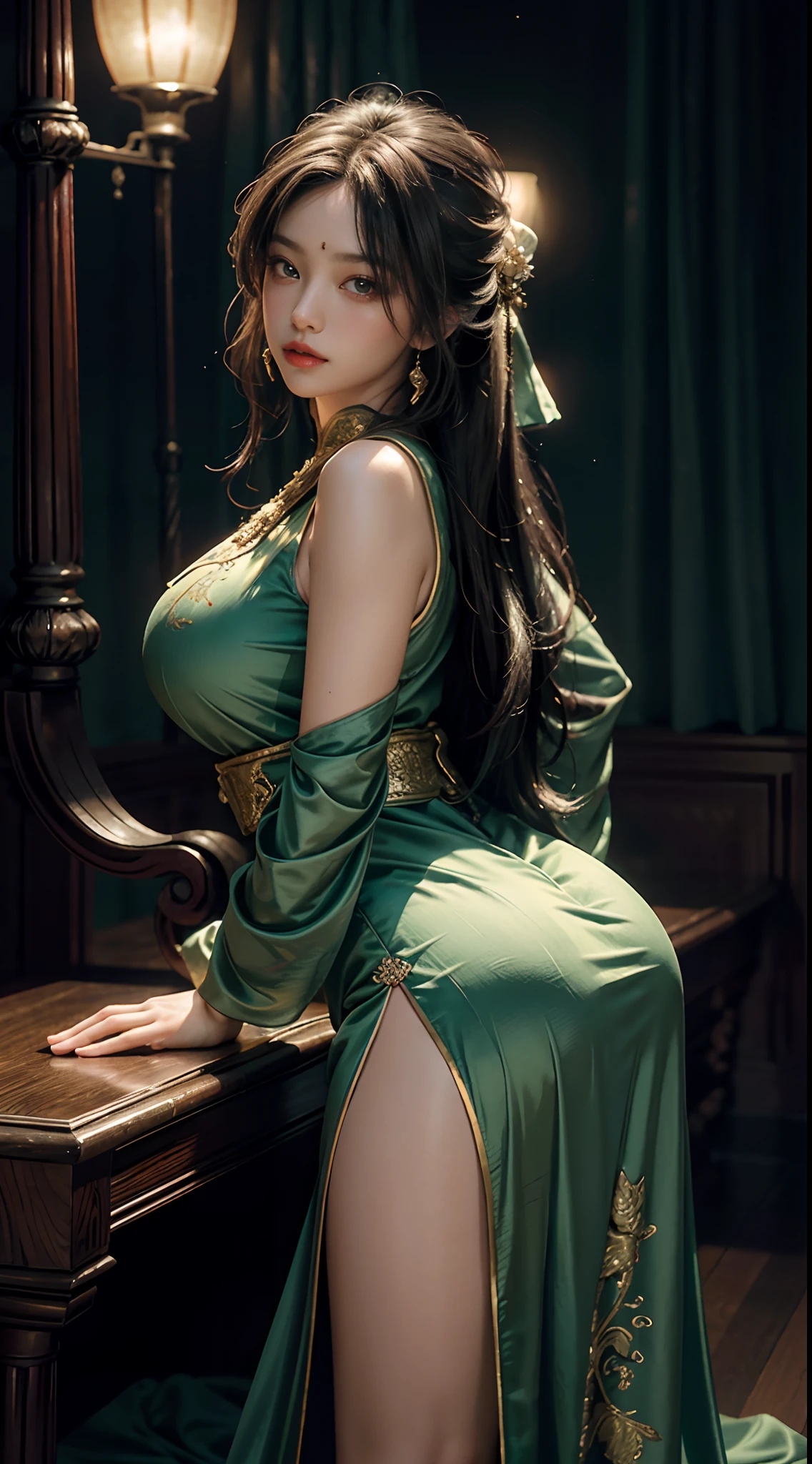 The art depicts a charming woman dressed in a flowing, silky traditional oriental dress, emerald, decorated with intricate patterns and bright colors. High side slit, Showing Big round ass, Her dress drapes elegantly over her curvy figure, accentuating her seductive silhouette. She stood gracefully in the quiet moonlit night, bathed in the soft glow of the moonlight. The scene exudes an ethereal and dreamy atmosphere, with a touch of mystery and sexiness. The graphic style blends watercolor and digital illustration techniques to evoke a refined beauty and charm. The lights are filled with soft moonlight, casting soft highlights and shadows on her charming features. Bare thighs, big breasts, three-dimensional facial features, sitting, upturned legs, clear eyes