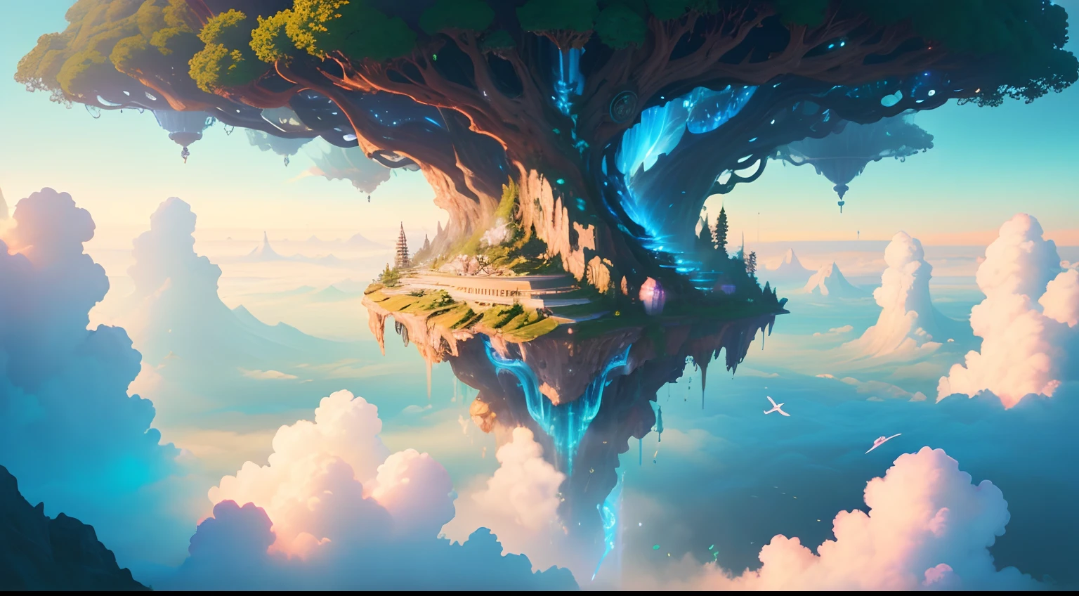 ((best quality)), Sky Eden, floating island above the clouds, futuristic haven, tech-nature fusion, iridescent energy, holographic, lush vegetation, cascading waterfalls, ethereal embrace, fantasy, otherworldly paradise, vibrant colors, intricate details, digital art, mixed media, dynamic lighting, 3D modeling, Unreal Engine. ((Masterpiece)). 8k, ethereal beauty, perched on a cloud, (fantasy illustration:1.3)