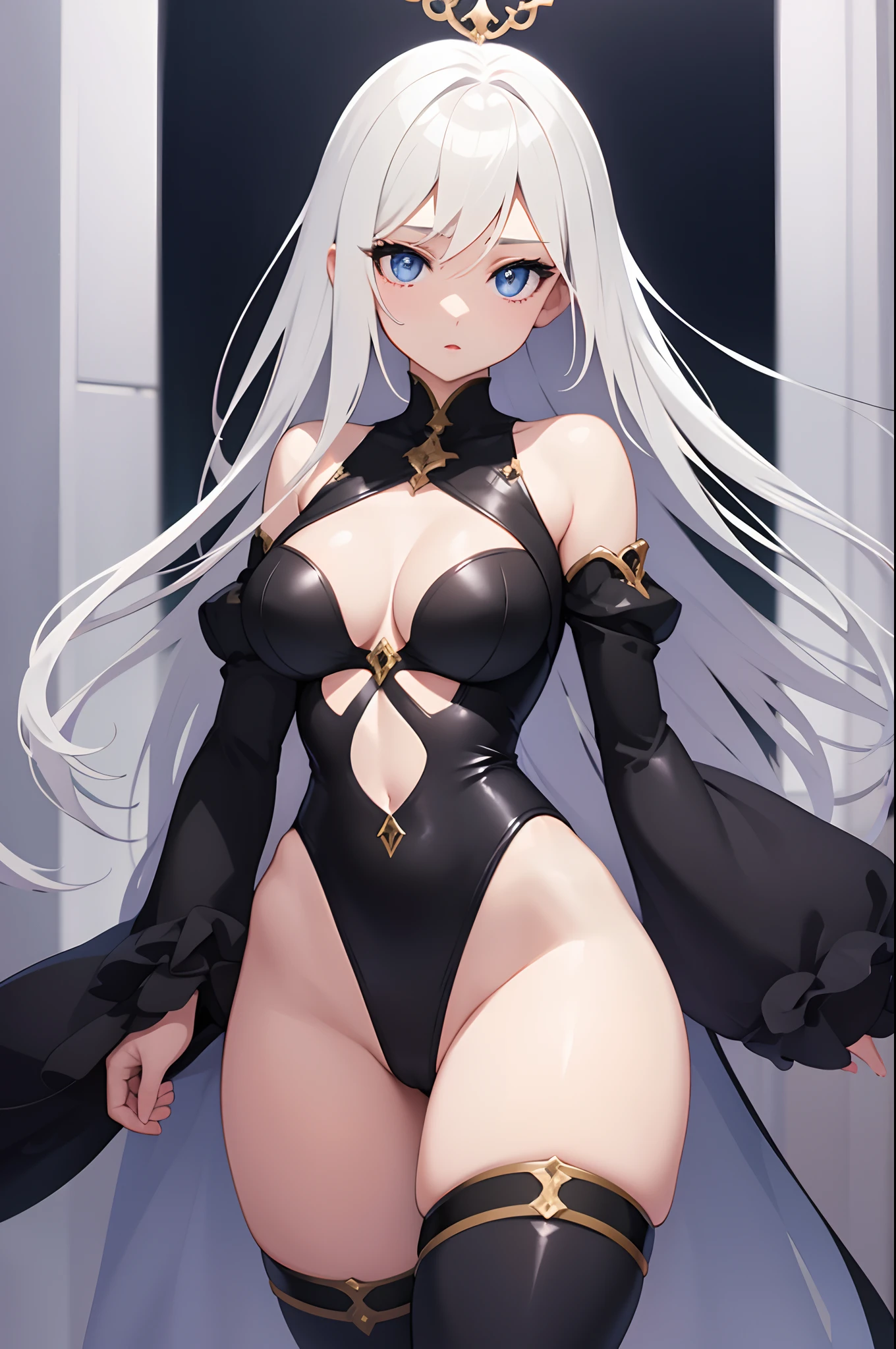 1girl, anime, cute girl, blank background, white background, fantasy, detailed dark fantasy dress with highlights, beautiful face, beautiful eyes, dark colors, medium breasts, slight cleavage, beautiful skin, cute, breast curtains, extremely delicate and beautiful, (beautiful detailed face:1.0), (detailed deep eyes), symmetrical breasts, deep eyes, shiny skin, portrait, slender waist, hips wider than shoulders, thighs, young girl