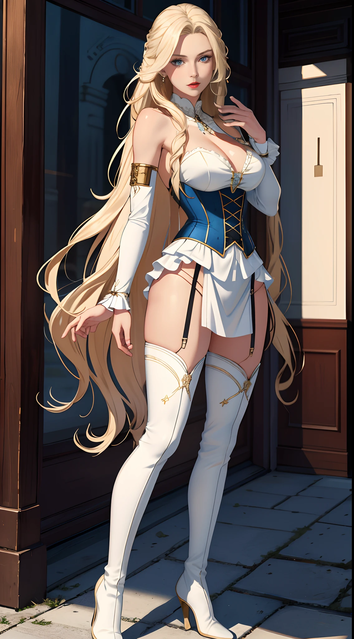 8k, best quality, masterpiece, highly detailed, semi realistic, a girl, young female, 20 years old, absurdly long blonde hair, hair between eyes, banks, blue eyes, medium breast, red lips, white greek dress, corset, slim figure, cool expression, skinny pants, thigh high boots,