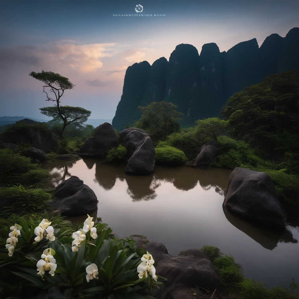 Magnificent view,Mountain top forest edge landscape photography professional high quality nature digital photography,Broad field of view,Bushes in the moonlight,Moonlight 1 White Phalaenopsis orchids on the edge of the cliff,Clear and transparent water,Huge stones stand tall,A majestic,Yamakawa, dead tree,falling leaf,Simple and beautiful,Minimalist,Deep bluish yellow tones,foggy sky,Nightmare vision, Dark fantasy plot,Perfect and excellent composition,8K分辨率,the detail,Rain trails,dampness,water stain,very wide angle shot,Jack Guzman's environmental art photography,realisticlying,cinematic compositions,Volumetriclighting,vividness, A detailed, stunning skies, Colorful clouds float,true to life, Pubic area is clear, flawless perfection, Digital SLR, 16k, 1024, 2048, 4096, A detailed, Sharp, best qualtiy, high qulity, absurderes,unmanned background,The is very detailed、Detailed lighting shadows,Trends on ArtStation、iintricate、high detal、dramatics、Midjourney Art(Volumetriclighting:1.2)hdr shot。(Faraway view,Super deep view,ultra-wide-angle,Microfocal length lens:1.2)(realisticlying:1.4)tmasterpiece、high high quality、Beautiful photography、globalillumination、