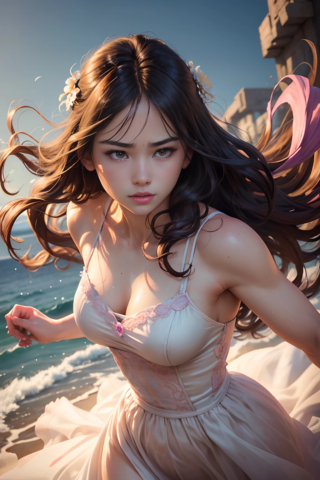 (Best Quality、Realistic、Photorealistic:1.37)、Daisy Woman、Strong fighting stance、fierce look、Full body、Classic painting style、Beautiful detailed eyes、long lashes、rosy cheeks、Rugged body、Wavy Hair、A flowing dress、Run forever、Chasing enemies、disheveled dress and hair、Skin shiny with sweat、Blue Sky Background、Color palette of pink and white flowers、Vivid colors、strong contrasts、Soft lighting、