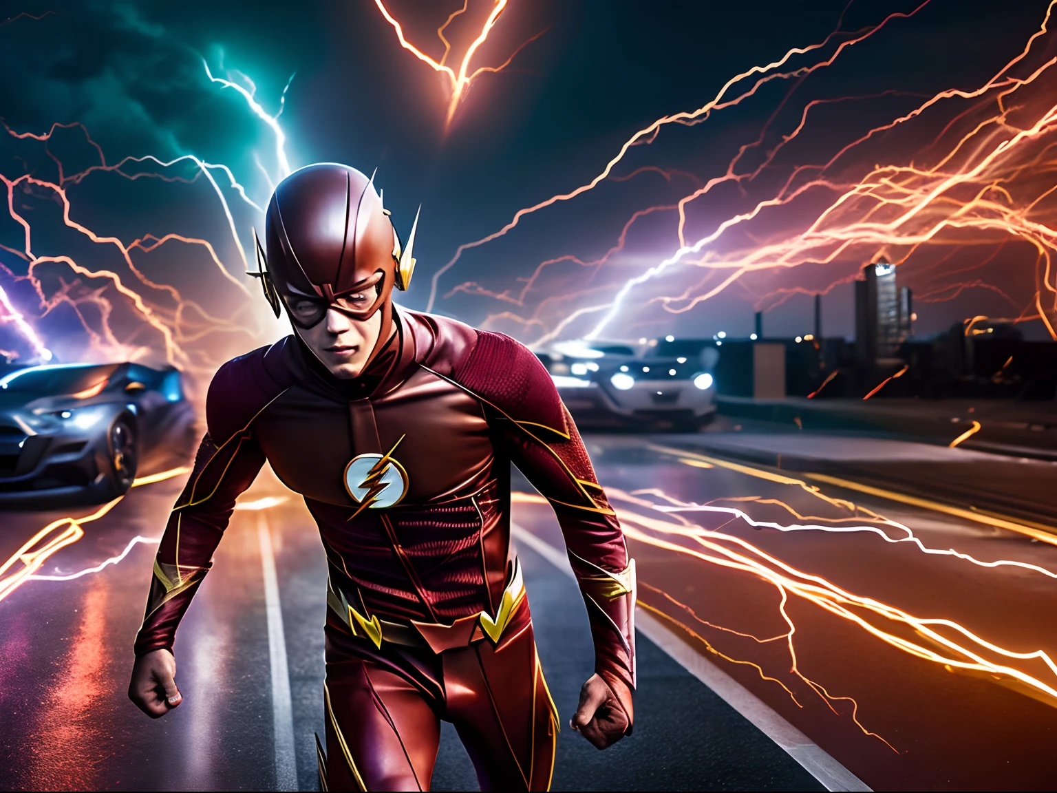 Dynamic representation of The Flash, wallpaper hd, in the style of vivid energy explosions, 8k, realistic and hyper-detailed renderings, precisionist art, photorealistic scenes, epic, glassy translucence, detailed and intricate environment, unreal engine, strong facial expression.