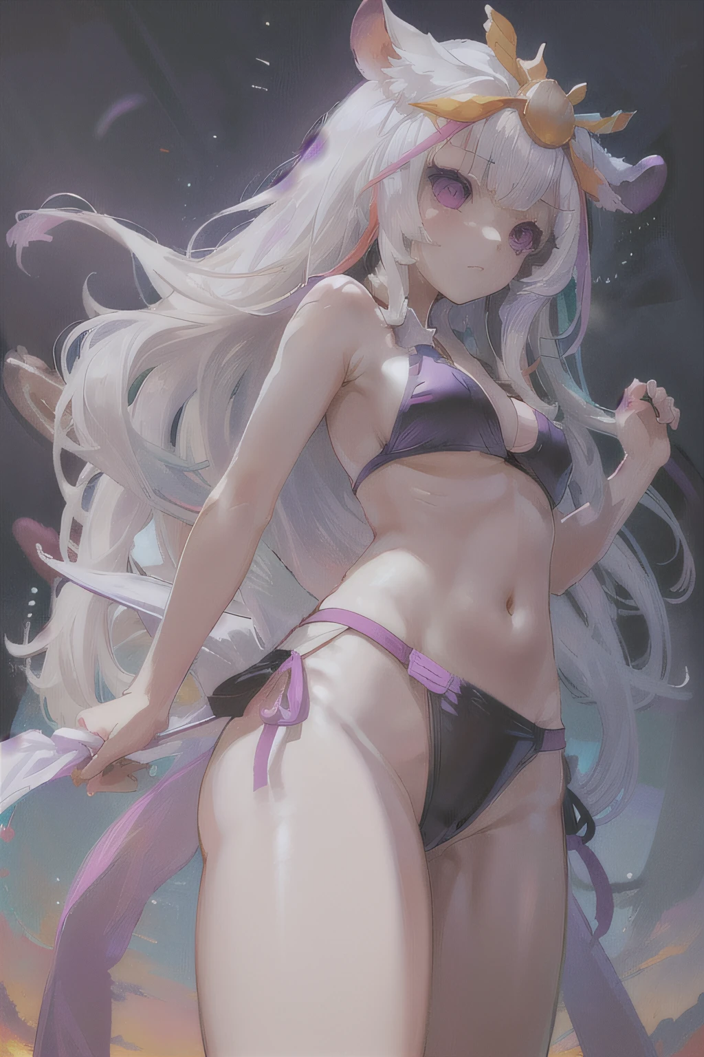 masterpiece, best quality, absurd Res, perfect anatomy, simple background, (((front views))), (((from below))), Mori Base, white long hair, (((larger breasts:0.9))), veil, hair ornament, white high socks, black geta, (((Purple side string bikini))), (((forget to wear bikini bottoms:1.3))), mouse close, outdoors, open field