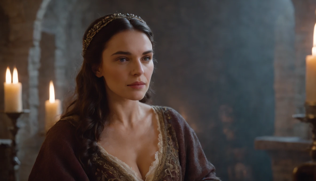 young, beautiful dark haired noble woman giving birth in a castle room, medieval Hungary, she is very stressed an having contractions, photorealistic, authentic medieval Hungary, night, winter outside, fire burning in hearth nearby, 8k, photorealistic, cinematic scene from film