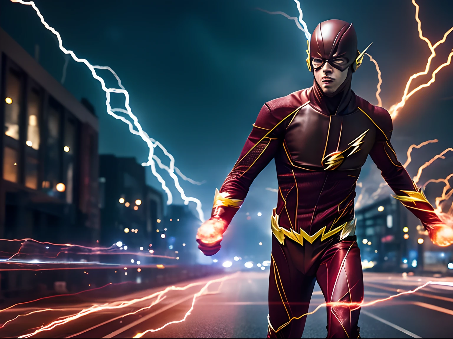Dynamic representation of The Flash, wallpaper hd, in the style of vivid energy explosions, 8k, realistic and hyper-detailed renderings, precisionist art, photorealistic scenes, epic, glassy translucence, detailed and intricate environment, unreal engine, strong facial expression.