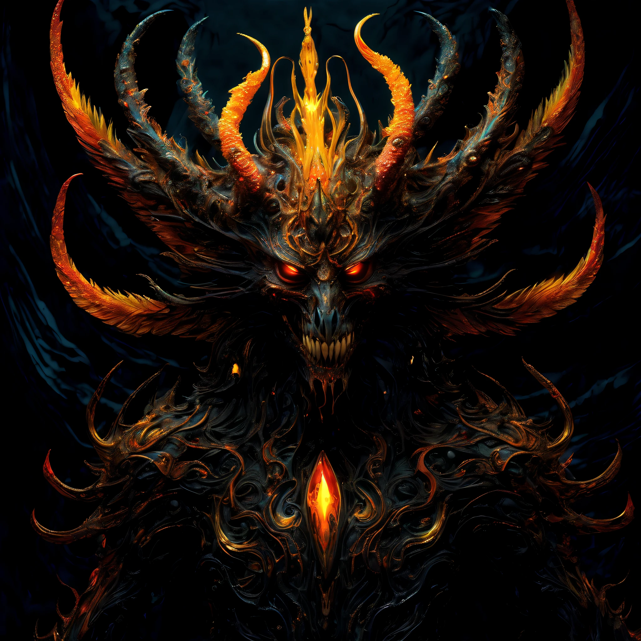 (grotesque pulsar-pod-devil emerges from the depths of a nightmarish:1.2), (((dynamic stately pose:1.3))), hideous form captured, ((intricate detail brushstrokes:1.2)), vividly surreal and macabre scene, disheveled feathers contrast starkly against, despite its repulsiveness, the image is undeniably captivating, shaggy black and and gold flame beauty hair, jagged talons, gleam menacingly, and its piercing eyes, (filled with malice background intricate detailed:1.1), (breathtaking intricate insane detailed oil painting:1.1), neon light painting exudes an unsettling beauty, elusive mythopoeic hell world, perpetual ravenous grin, veil of darkness, remarkably lifelike painting, luxury make, ((stunningly evil-god of beauty with ultimate quality, exuding beauty and grace:1.3)), (((intricate insane details:1.3))), nightmarish imagination, (((full rich colored:1.3))), (((fascinating stunning neon glow:1.2))),