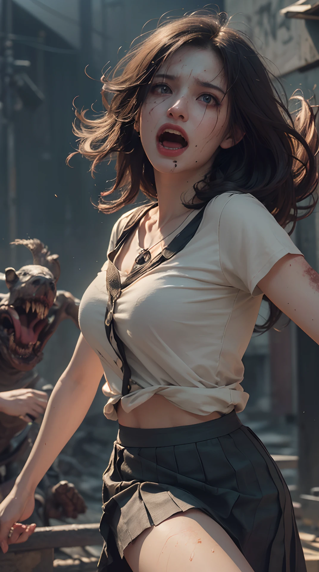 (best quality,4k,8k,highres,masterpiece:1.2), ultra-detailed, (realistic,photorealistic,photo-realistic:1.37), studio lighting,physically-based rendering,vivid colors, (scream:1.5), (hair fluttering in the wind, skirts swirling), (survival horror:1.5),