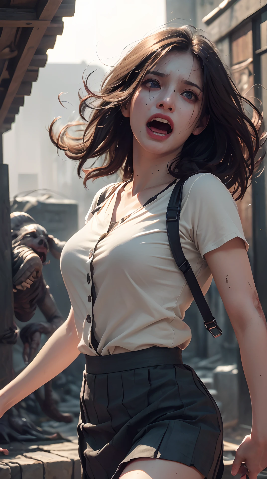 A woman in a short skirt and a white shirt is walking - SeaArt AI