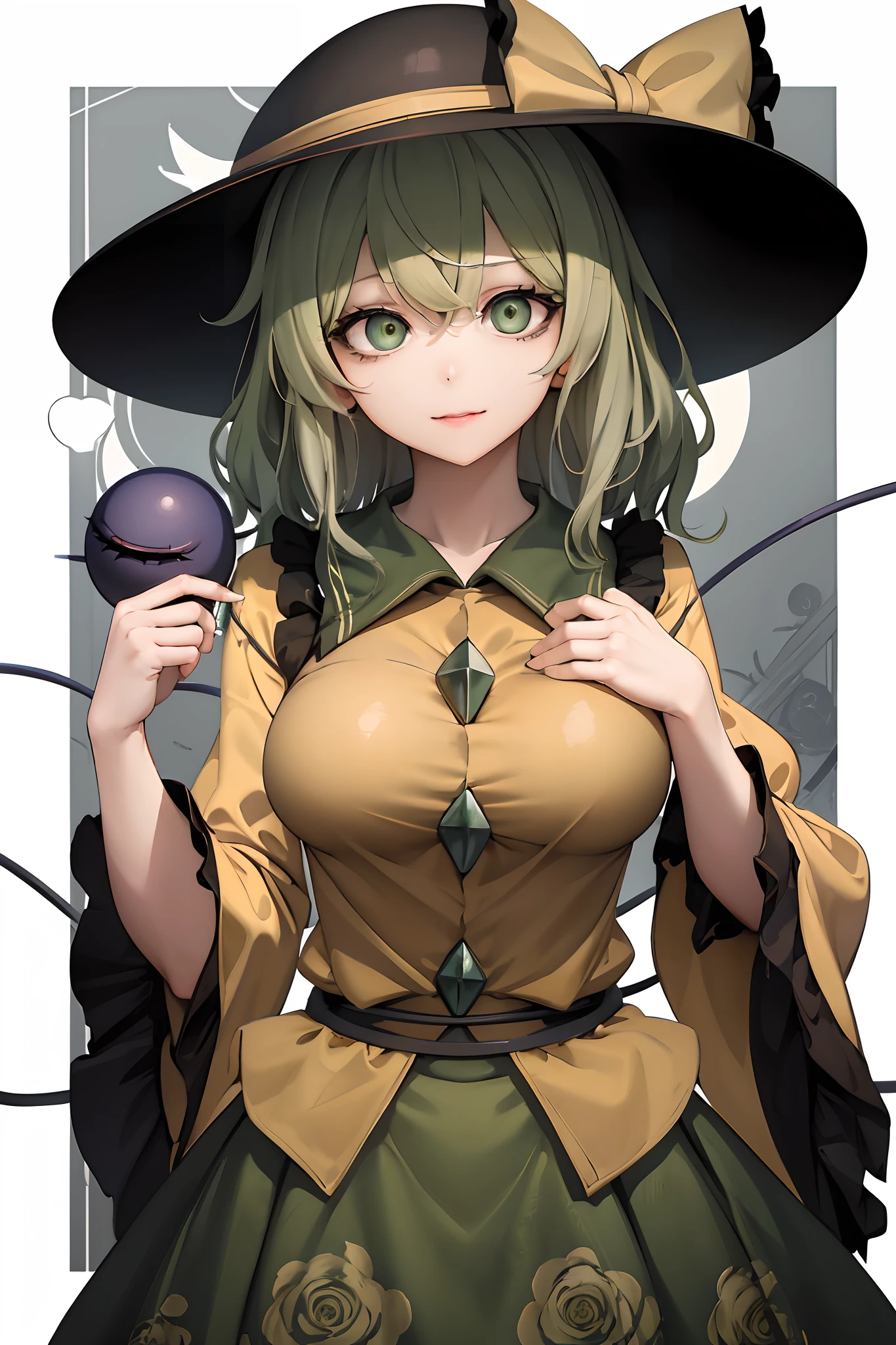 1girl,komeiji koishi, hat,hat bow,green hair,green eyes,symbol-shaped pupils,yellow shirt,green skirt,third eye,long sleeves, wide sleeves, floral print, eyeball, large breasts, upper body, 5 fingers, detailed face, detailed eyes, detailed hair