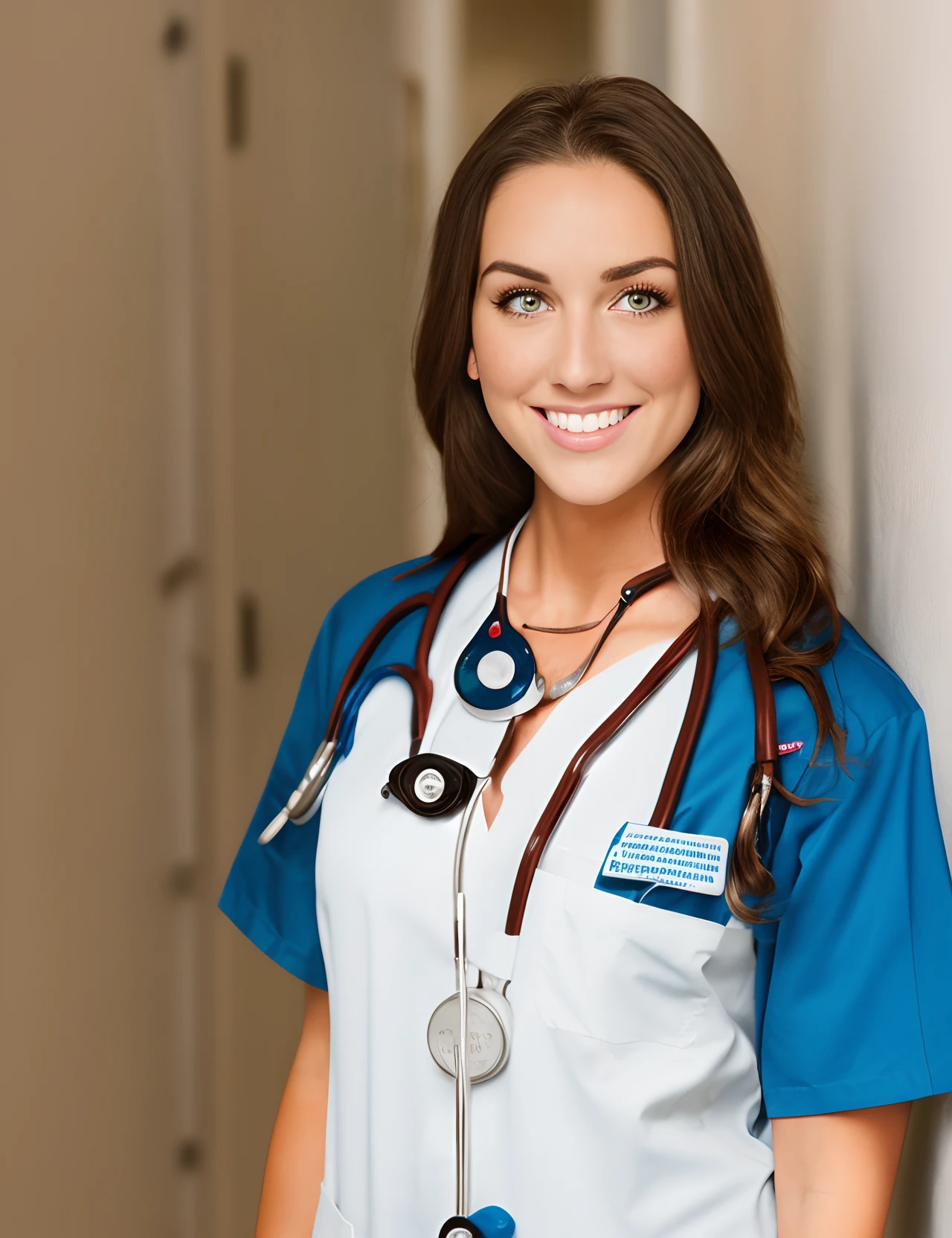 blonde white nurse, brown eyes, brown hair, freckles, stethoscope around her neck, and wearing nurse scrubs while posing