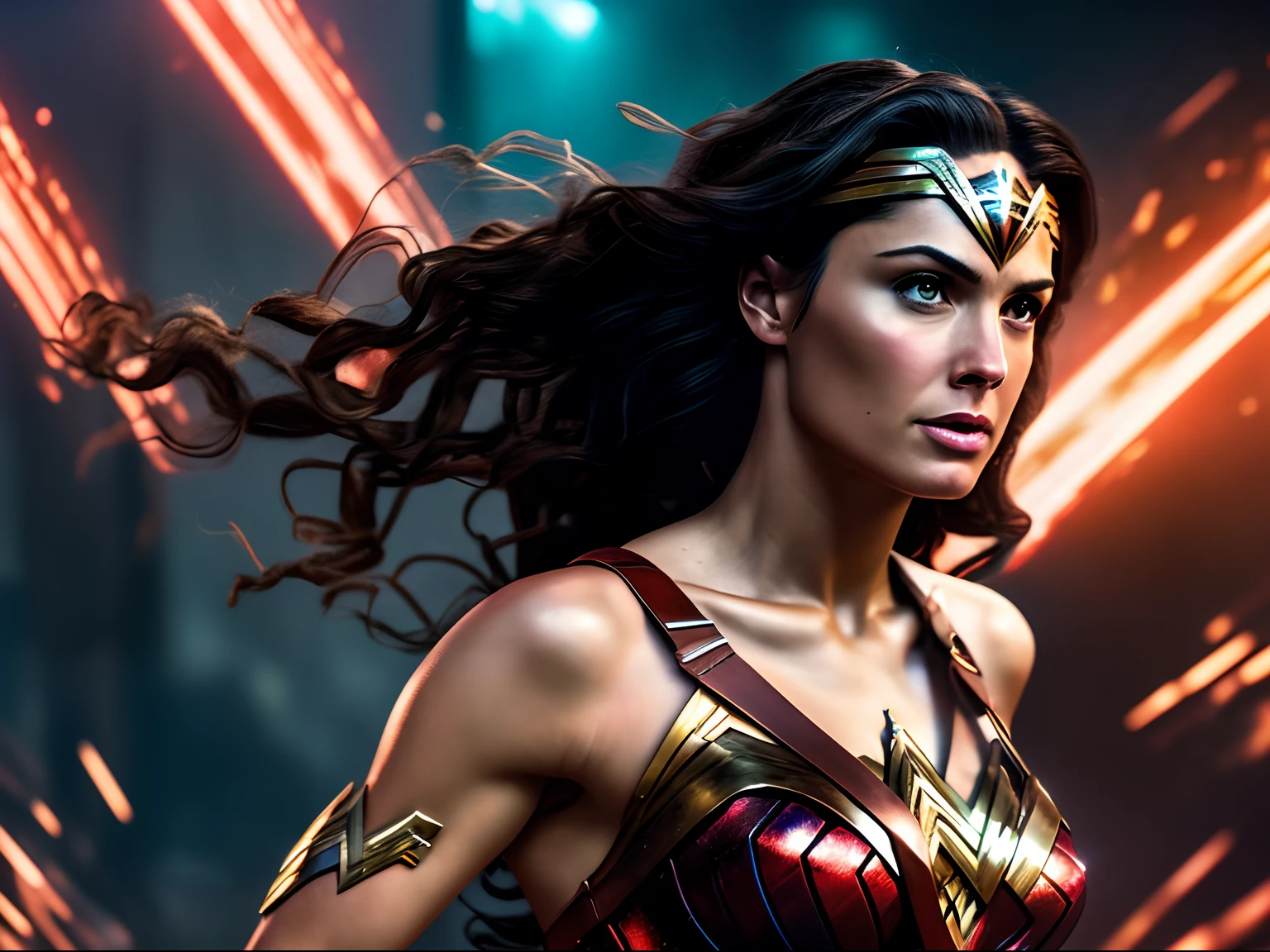 Dynamic representation of Wonder Woman, wallpaper hd, in the style of vivid energy explosions, 8k, realistic and hyper-detailed renderings, precisionist art, photorealistic scenes, epic, glassy translucence, detailed and intricate environment, unreal engine, strong facial expression.