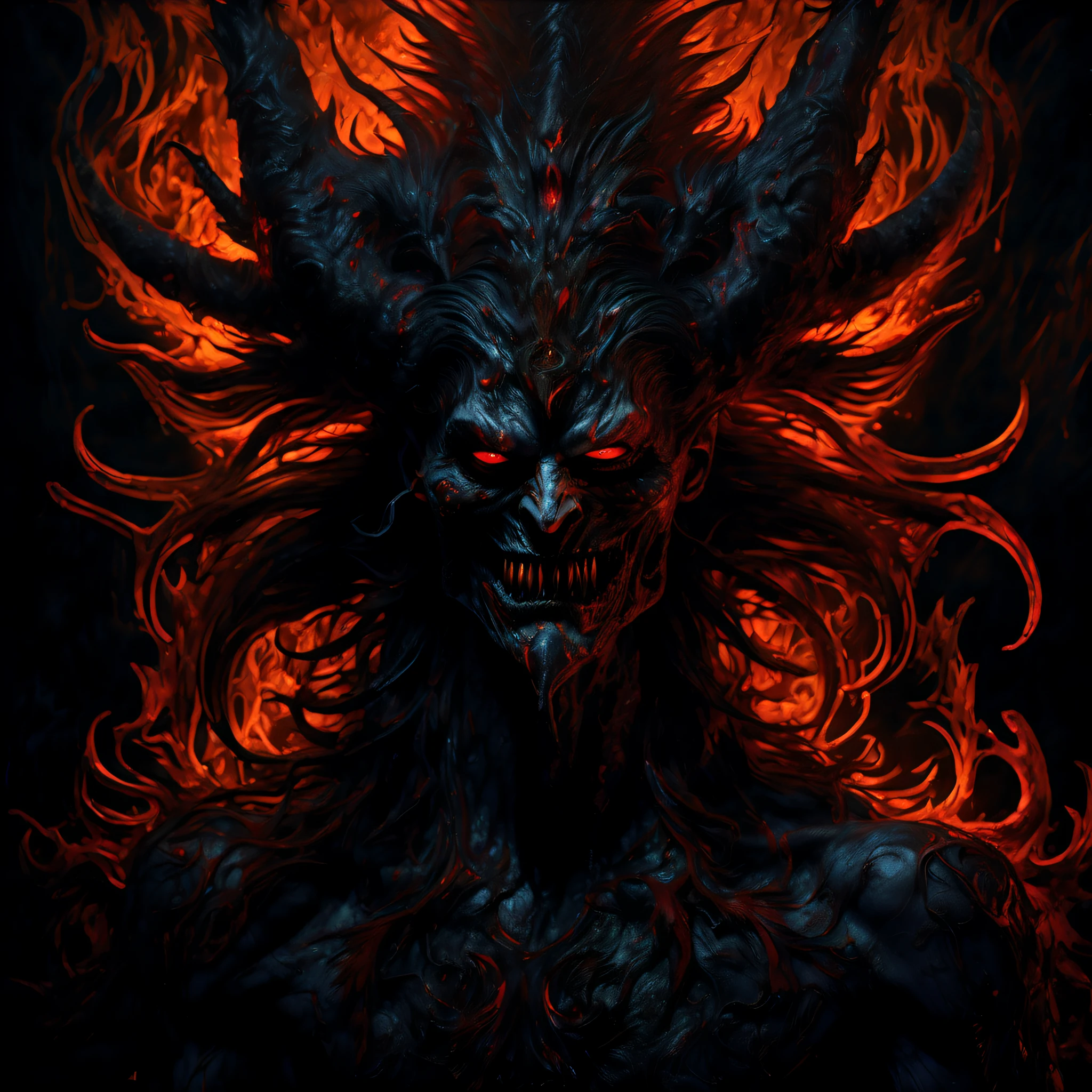 grotesque devil emerges from the depths of a nightmarish darkness, hideous form captured, intricate brushstrokes, vividly surreal and macabre scene, disheveled feathers contrast starkly against, despite its repulsiveness, the image is undeniably captivating, shaggy flame hair, jagged talons, gleam menacingly, and its piercing eyes, filled with malice background intricate detailed, breathtaking intricate insane detailed oil painting, black light painting exudes an unsettling beauty, elusive mythopoeic hell world, perpetual ravenous grin, veil of darkness, remarkably lifelike painting, luxury make, ((stunningly evil-god of beauty with ultimate quality, exuding beauty and grace:1.3)), (((intricate insane details:1.3))),