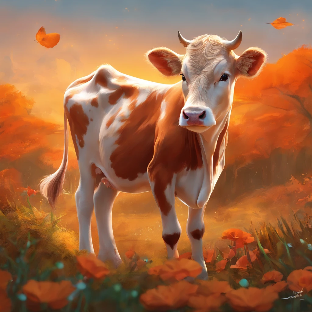 Cute baby cow,A calf in an orange dress,Kers comic book style,3D rendering wind,interior setting,Natural light,High-definition large image
