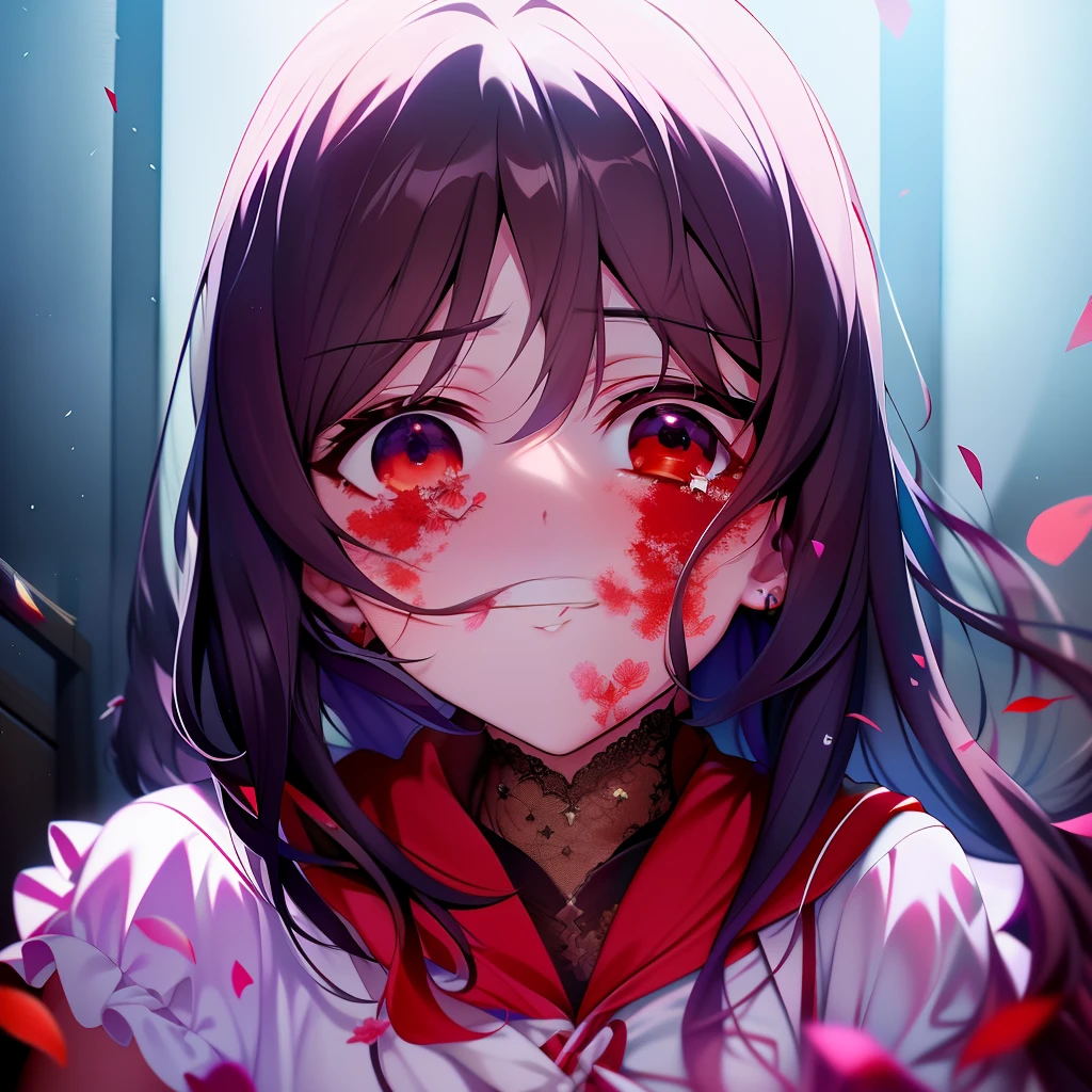 Chica de anime con sangre en la cara y los ojos, Yandere, Gapmoe Yandere, cara ensangrentada, Gapmoe Yandere Grimdark, ojos ensangrentados, Retrato Gapmoe Yandere Grimdark, sangriento + Concepto-Arte, Yandere intrincado, Yandere. alto, sangriento, Estilo de arte Anime Moe, De cerca Iwakura Lain, bloody tears, escena sangrienta