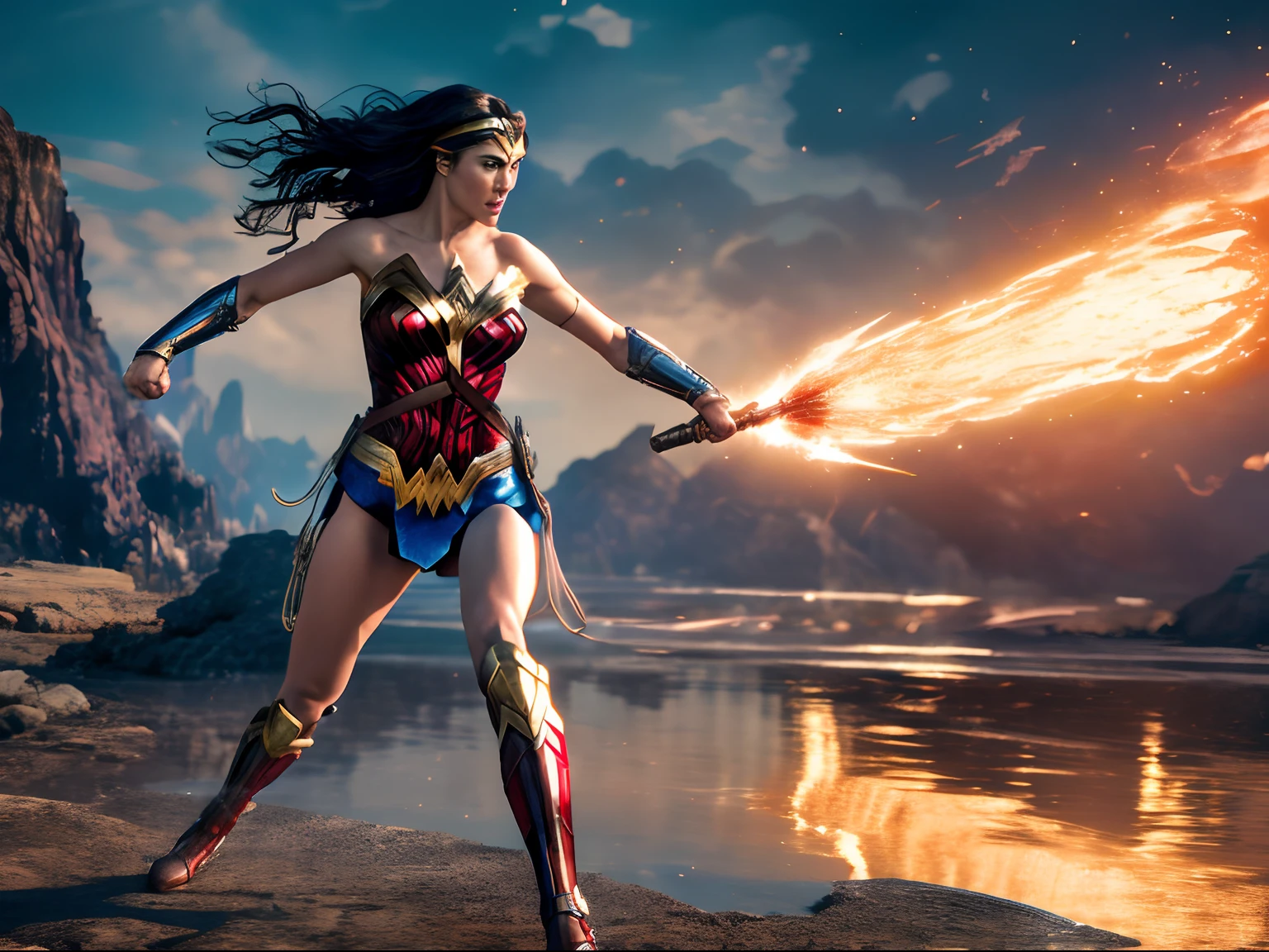 Dynamic representation of Wonder Woman, wallpaper hd, in the style of vivid energy explosions, 8k, realistic and hyper-detailed renderings, precisionist art, photorealistic scenes, epic, glassy translucence, detailed and intricate environment, unreal engine, strong facial expression.