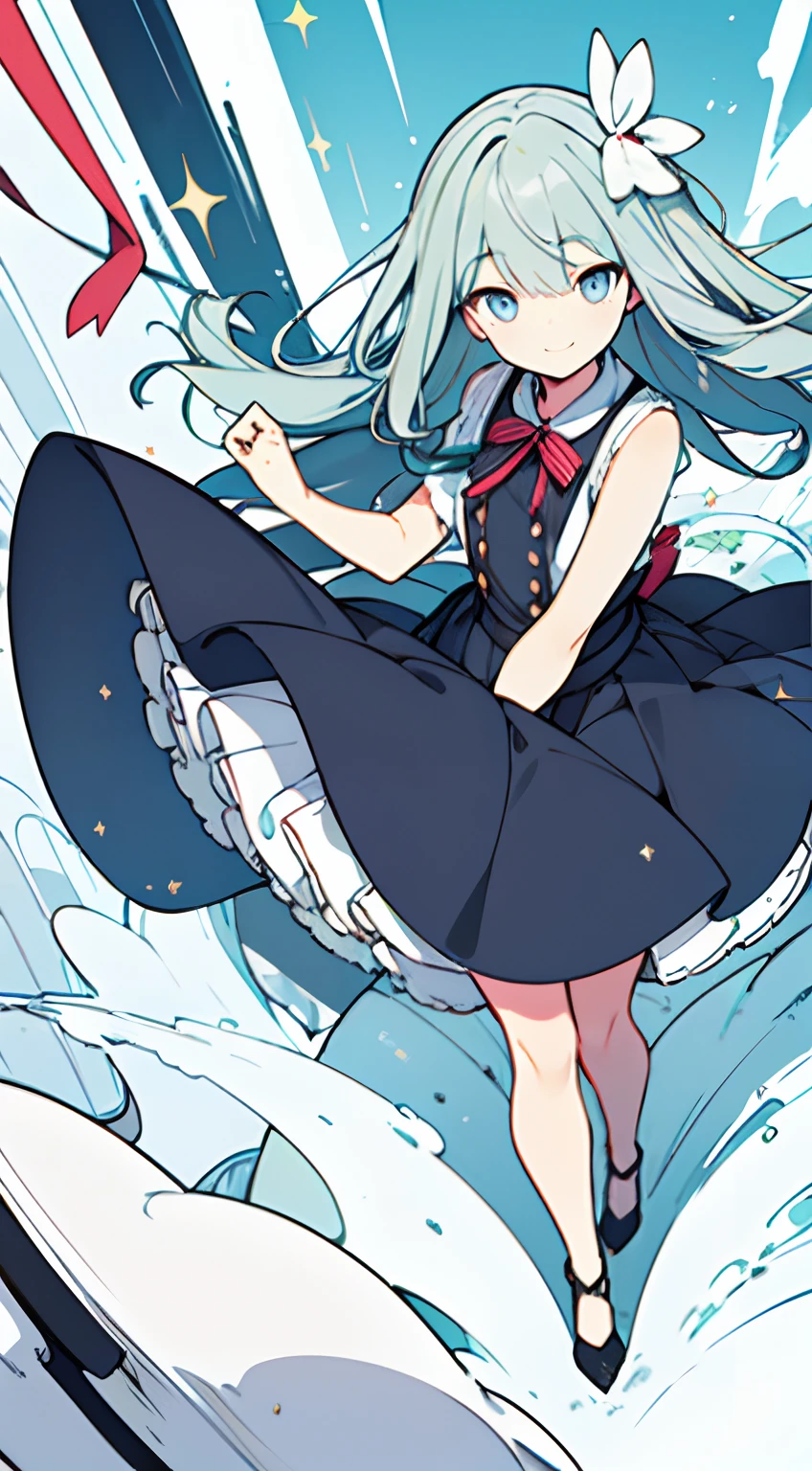 masuter piece, Best Quality,32K、Wallpaper, ultra -detail, Absurd beauty, 1beautiful girl、Big eyes、Hair fluttering in the wind、Slender legs、Smaller head、miscievous smile、Angle looking down from above、✨