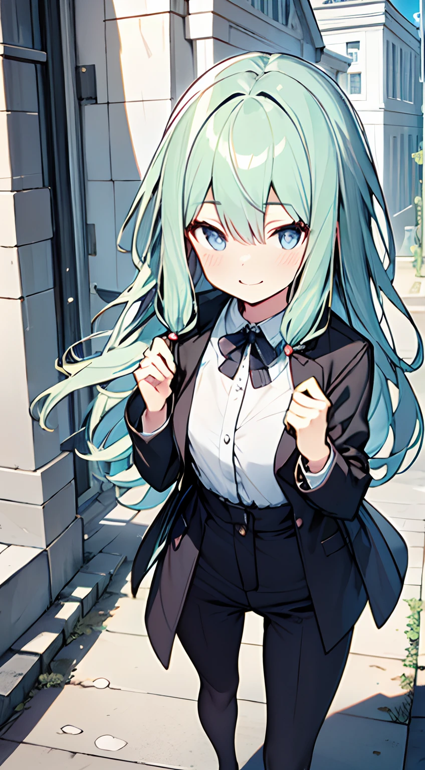 masuter piece, Best Quality,32K、Wallpaper, ultra -detail, Absurd beauty, 1beautiful girl、Big eyes、Hair fluttering in the wind、Slender legs、Smaller head、miscievous smile、Angle looking down from above、✨