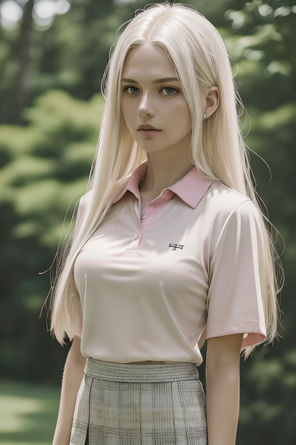 (((1girl in, 19, Solo, Aesthetic artwork, platinum blonde hair, long straight hair, detailed hair, full c cup breasts, c-cup, slender body, Full body, (skin pores:1.1), (detailed skin texture:1.2))), she is on a golf course, (wearing short golf skirt: 1.6), (super short skirt: 1.8), shortest black skirt, wearing low cut golf shirt, pink shirt, revealing chest, pokies, shirt button undone, (extremely detailed 8k wallpaper), front lighting, high quality, film grain, Fujifilm XT3 sharp focus, f 5.6, 50mm, High Detail, Sharp focus, (natural light), (seductive), Realistic, ultra realistic, photo realistic