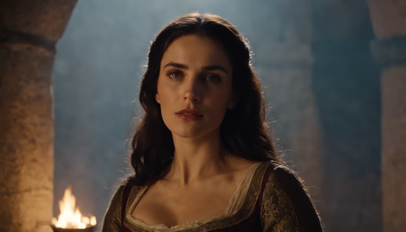 young, beautiful dark haired noble woman giving birth in a castle room, medieval Hungary, she is very stressed an having contractions, photorealistic, authentic medieval Hungary, night, winter outside, fire burning in hearth nearby, 8k, photorealistic, cinematic scene from film