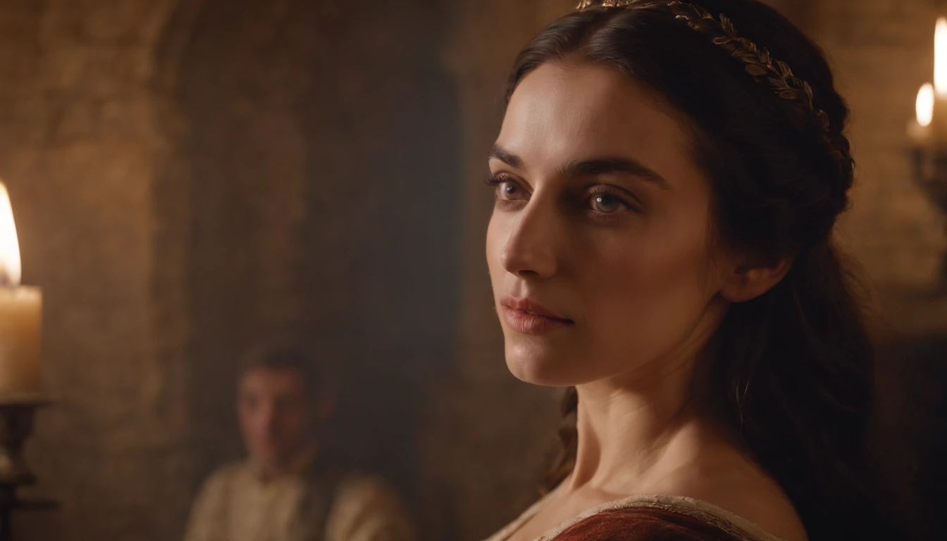 young, beautiful dark haired noble woman giving birth in a castle room, medieval Hungary, she is very stressed an having contractions, photorealistic, authentic medieval Hungary, night, winter outside, fire burning in hearth nearby, 8k, photorealistic, cinematic scene from film