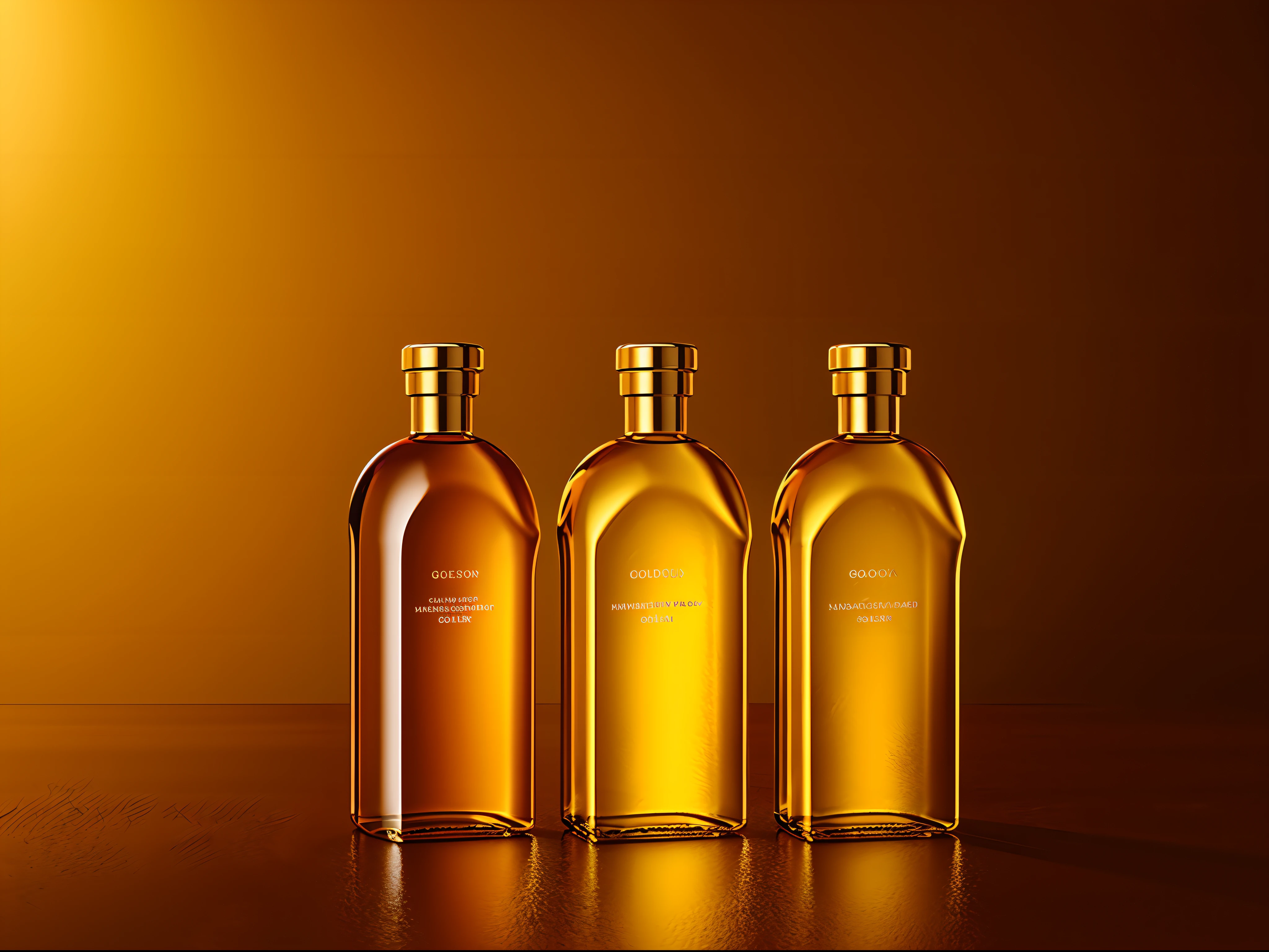 Bottles of expensive spirits, 3D Product Rendering, Luxury, 4K Golden Liquid Bottle Product Scene Placed next to the glass golden color background a room