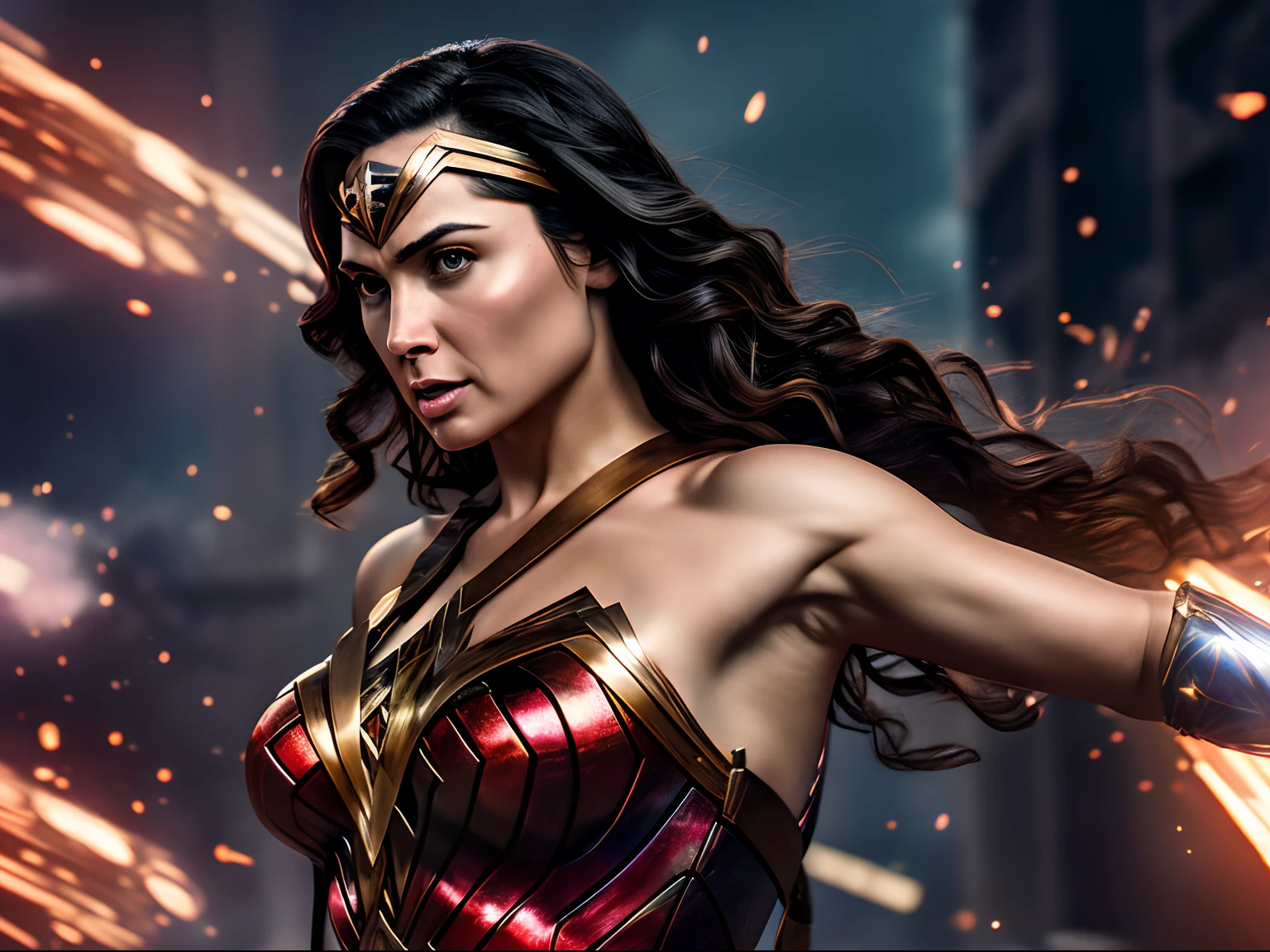 Dynamic representation of Wonder Woman, wallpaper hd, in the style of vivid energy explosions, 8k, realistic and hyper-detailed renderings, precisionist art, photorealistic scenes, epic, glassy translucence, detailed and intricate environment, unreal engine, strong facial expression.