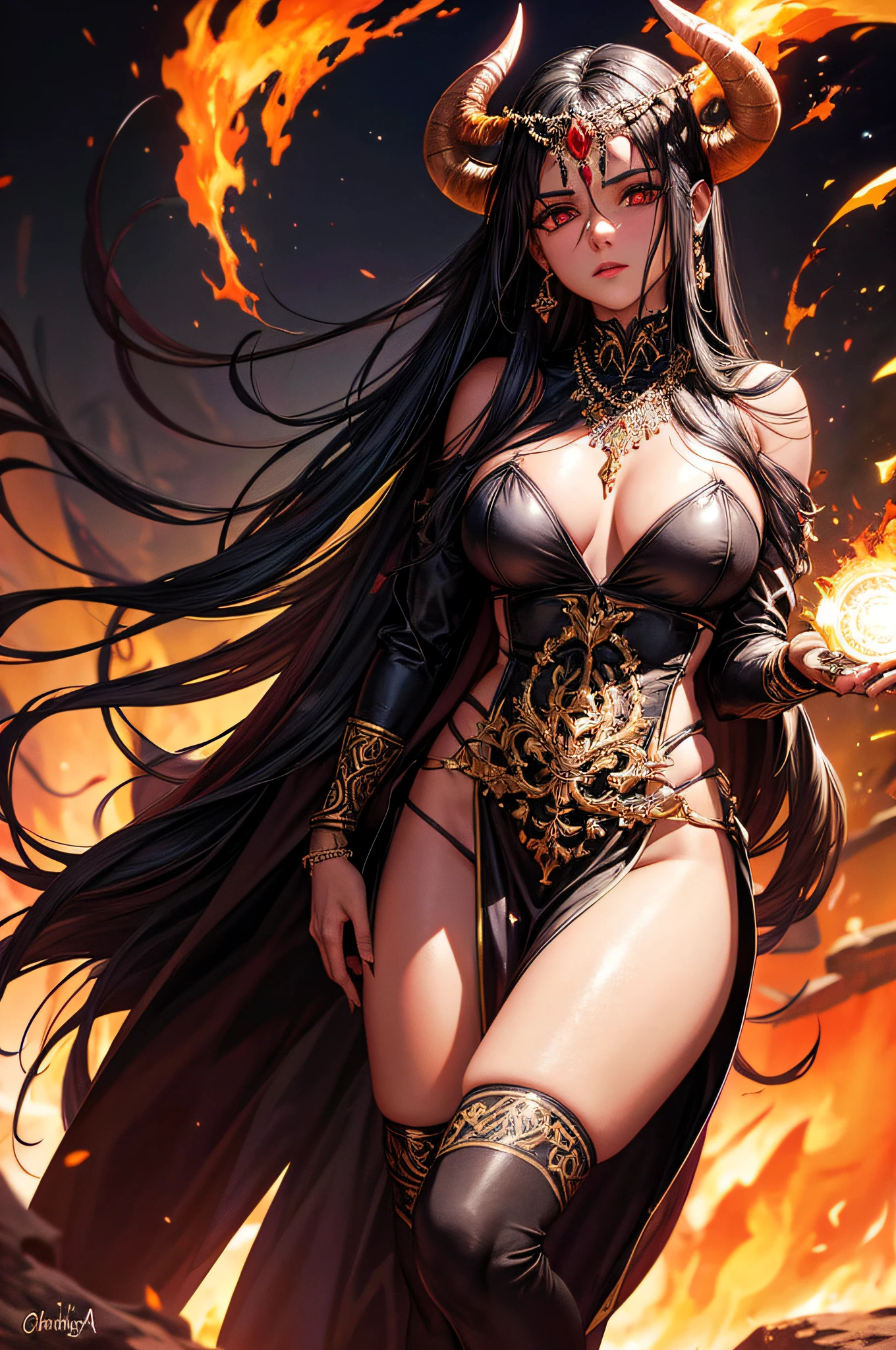 Create the realistic image of a demon in the middle of a burning desert, ele segura uma espada negra e seus chifres brilham como ouro, This demon is a very beautiful woman.