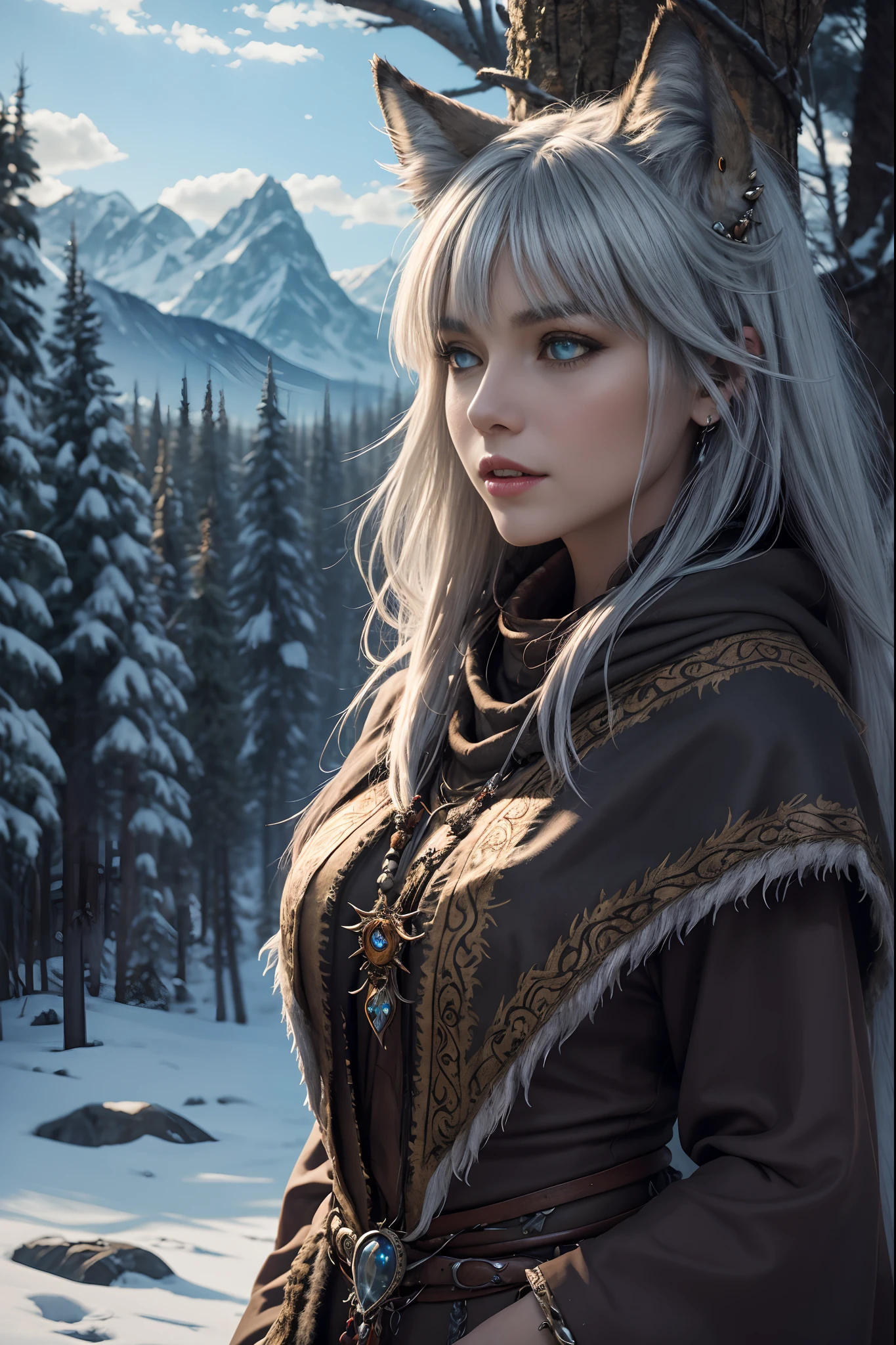 Create an enchanting image of a wise female character with the attributes of a wolf, including wolf-like teeth, piercing eyes, and the ability to communicate with the spirits of the wilderness, surrealism, wolfheart shaman.