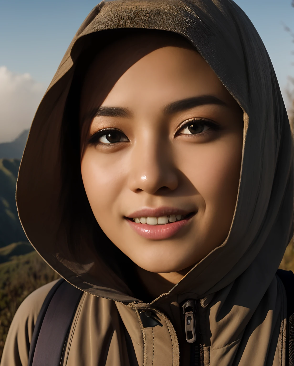 ((Top Quality, 8k, Masterpiece: 1.5)), indonesian Woman (1, 19 years old, smile, very detailed face and skin and hair texture, detailed blue eyes, double eyelids, white skin, beautiful delicate nose, wearing hijab, parka wearing, chinos wearing, mountain boots worn), overhead camera, sharp focus: 1.2, while emphasizing the subject's hair, eyes, mouth, action The composition is pleasing to the eye and thought-provoking. ⠀
ground, outdoor, wonderful sunrise view at mount bromo, nature, cheerful, wind, happy, backpack, tent, bonfire, forest, river, foggy atmosphere, shadow, contrast, clear sky, grey background, (warm shades, warm tones), pleasant to the eye, while exuding melancholy emotions, characterized by a contrasting mix of calm tones and light and shadow, with dynamic angles, It is a thought-provoking composition.