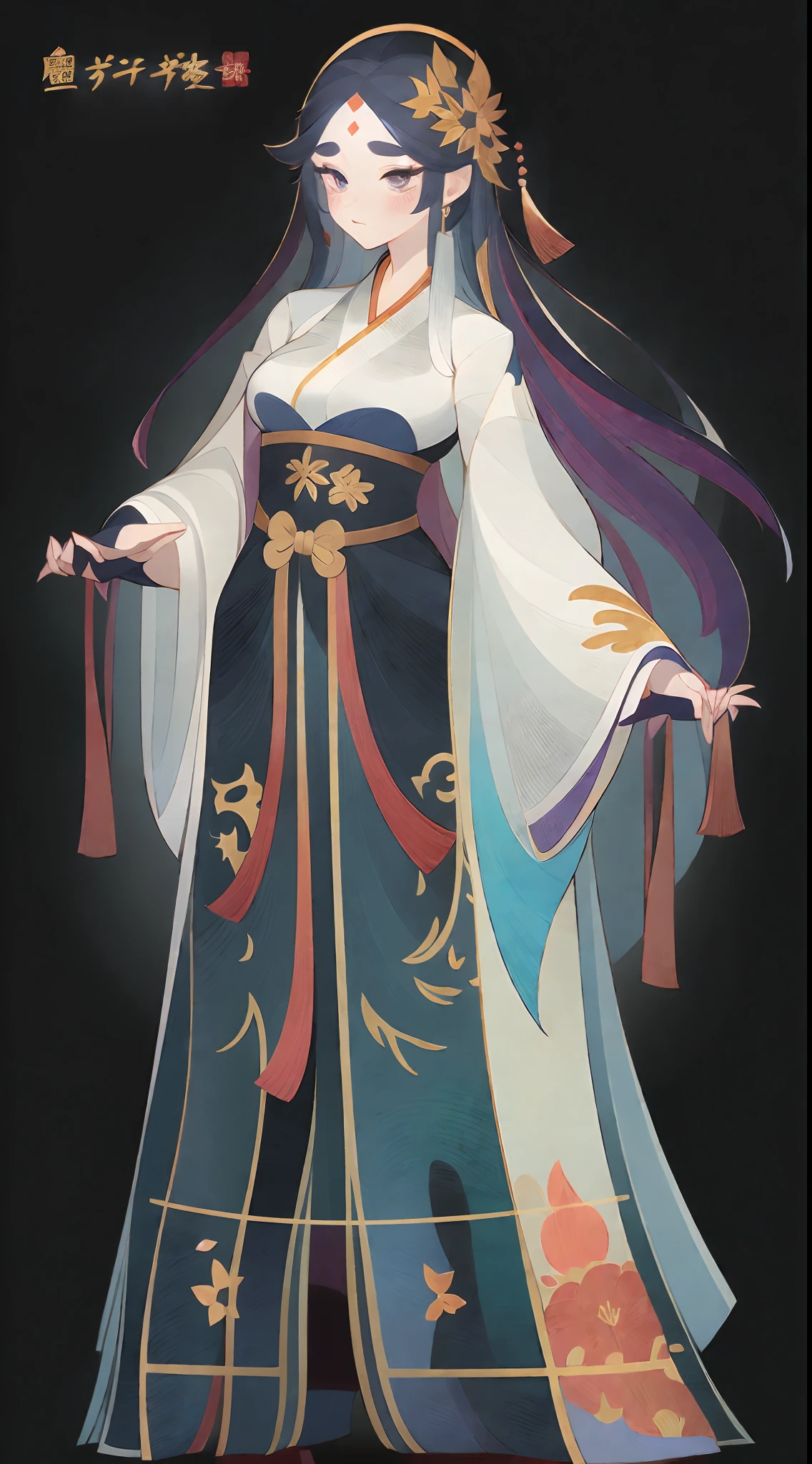 1个Giant Breast Girl, full-body portraits, standing on your feet, (((独奏))), Ancient Chinese clothing, Hanfu, Clear facial features, Simple line design, Solid black background, Standing drawings of characters, fantasy concept art, (tmasterpiece, top Quority, best qualtiy, 超高分辨率, Clear facial features, beautidful eyes, beauitful face), ((very simple background)), ((flatcolors))