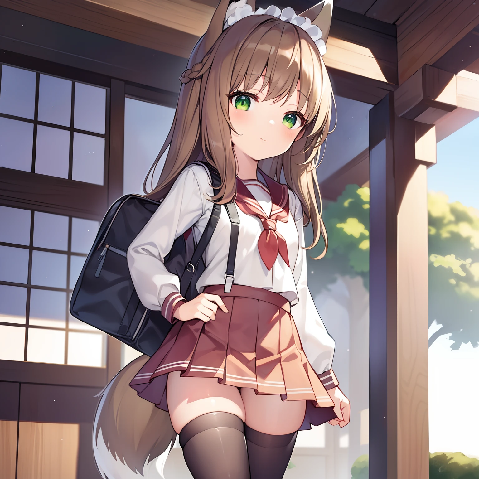 Masterpiece, Best quality, high resolution, 1girll, Solo, Huge fox tail，(Long brown hair)，Green eyes，Small flower headdress，（9 years old），elementary student，jpn，Walk，On the way to school，Girls go to school, Wearing the uniform of a Tokyo elementary school student，White over-the-knee stockings，The uniform is a white top，The skirt is black，Noble School，Elegant walking posture，Red backpack for Japanese elementary school students，Loli body type,  ssmile，