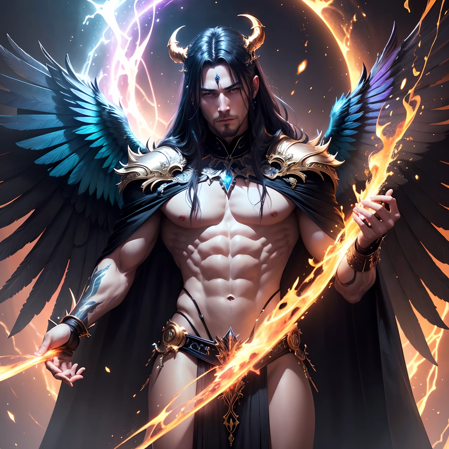 from below, finest image, (8k, RAW photo, realistic), devil king, condescending gaze, blue shining sharp slit eyes, abs, iridescent big rainbow-colored wings, fireball, black robe, gold tattoos, blurry background fantasy, galaxy, iridescent light particles, iridescent lines, rainbow-colored neon lights, detailed and delicate depiction, professional lighting