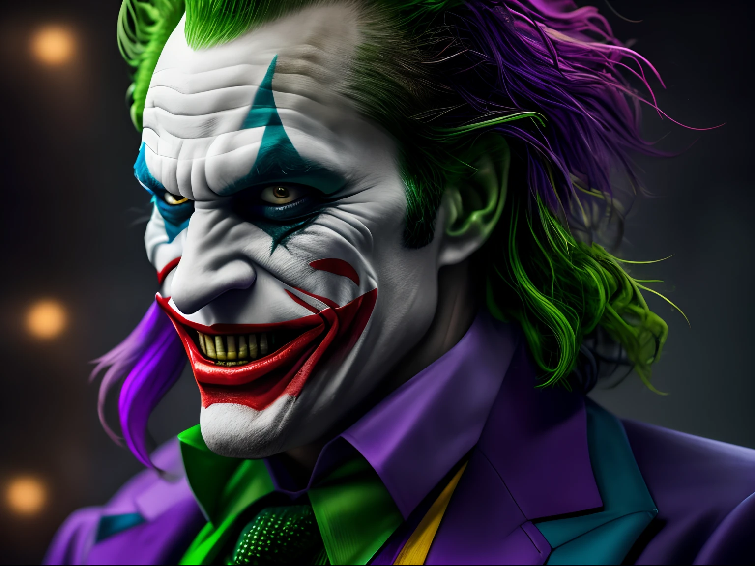 Dynamic representation of The Joker, wallpaper hd, in the style of vivid energy explosions, 8k, realistic and hyper-detailed renderings, precisionist art, photorealistic scenes, epic, glassy translucence, detailed and intricate environment, unreal engine, strong facial expression.