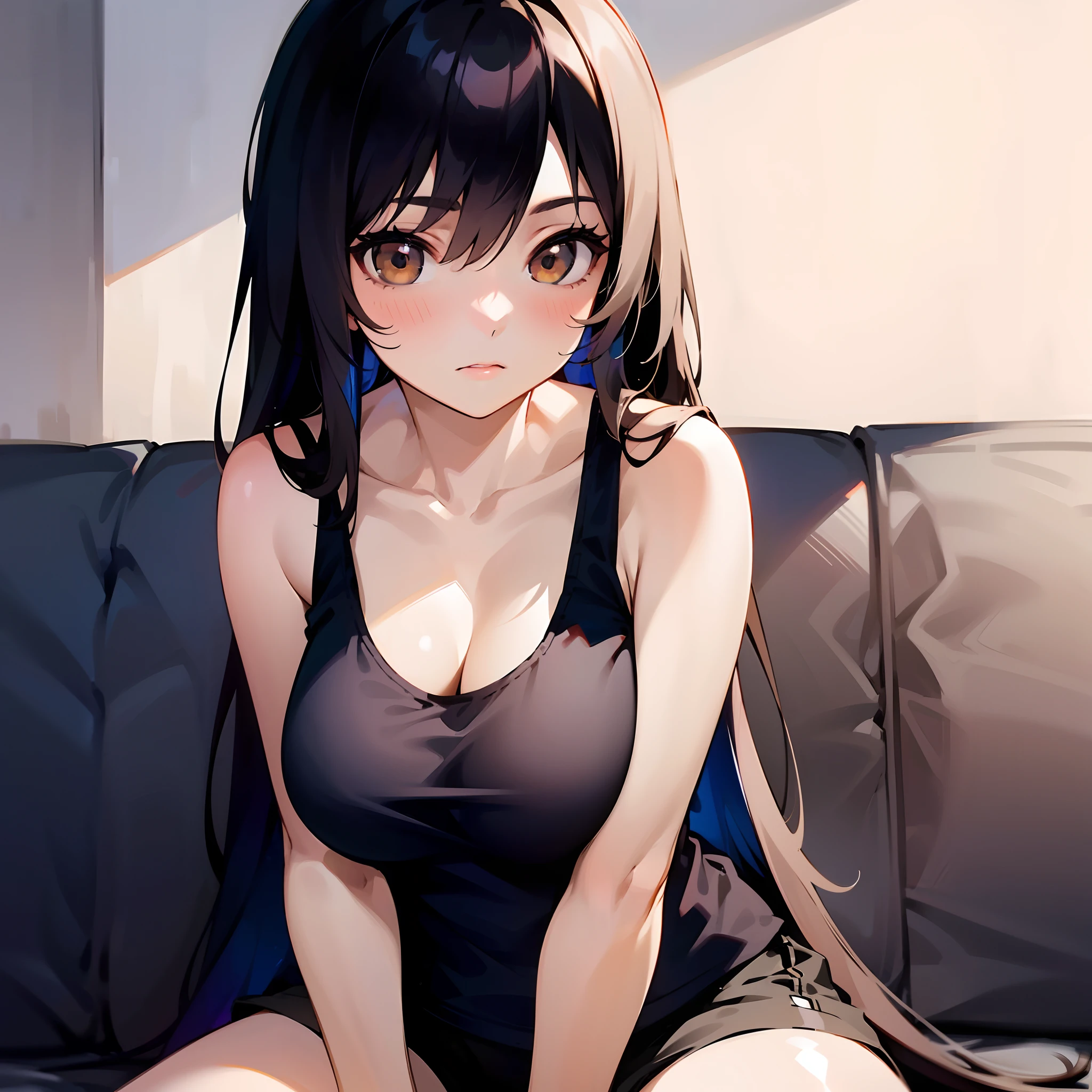 1girl, long black messy hair, brown eyes, medium breast, black tank top, black shorts, bored expression, solo, lying on the couch, best quality, masterpiece, portrait, looking at the camera, from the front, 1result, vibrant, detailed, perfect anatomy, detailed art, high definition, 4k, high resolution