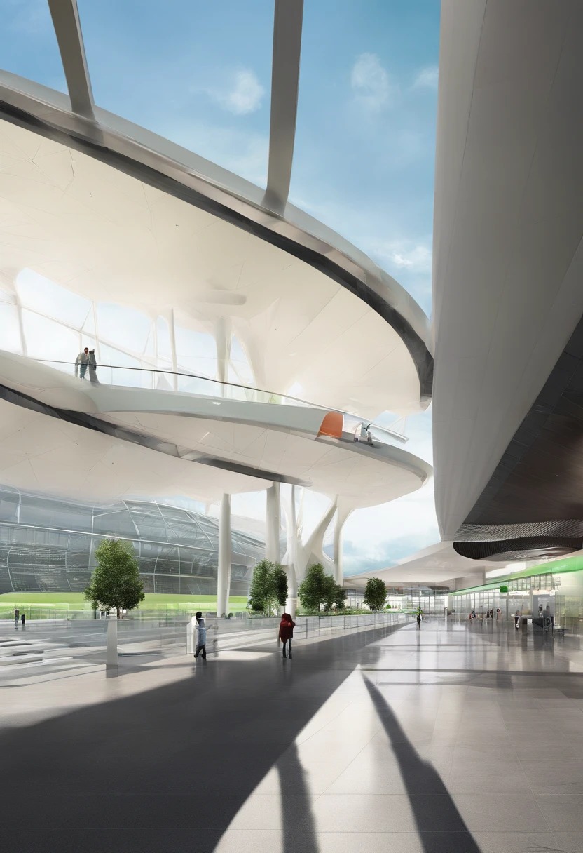 Surreal modern airport designed under the concept of the Möbius ribbon, con grandes cancelerias, curvas en el techo hacia el piso y areas verdes, Perspective view where you can appreciate a large part of the airport and its unique design, estilo moderno, acabados increibles