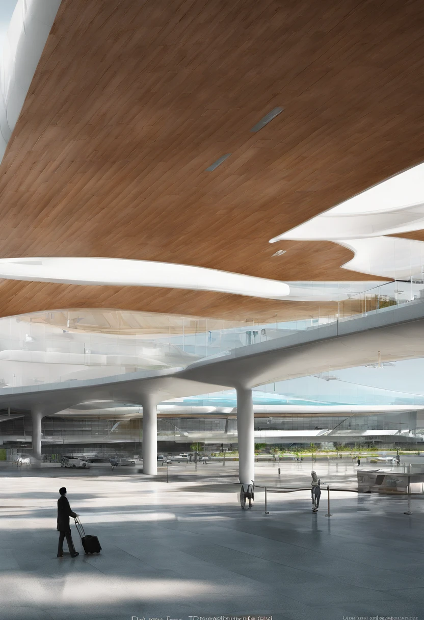 Surreal modern airport designed under the concept of the Möbius ribbon, con grandes cancelerias, curvas en el techo hacia el piso y areas verdes, Perspective view where you can appreciate a large part of the airport and its unique design, estilo moderno, acabados increibles