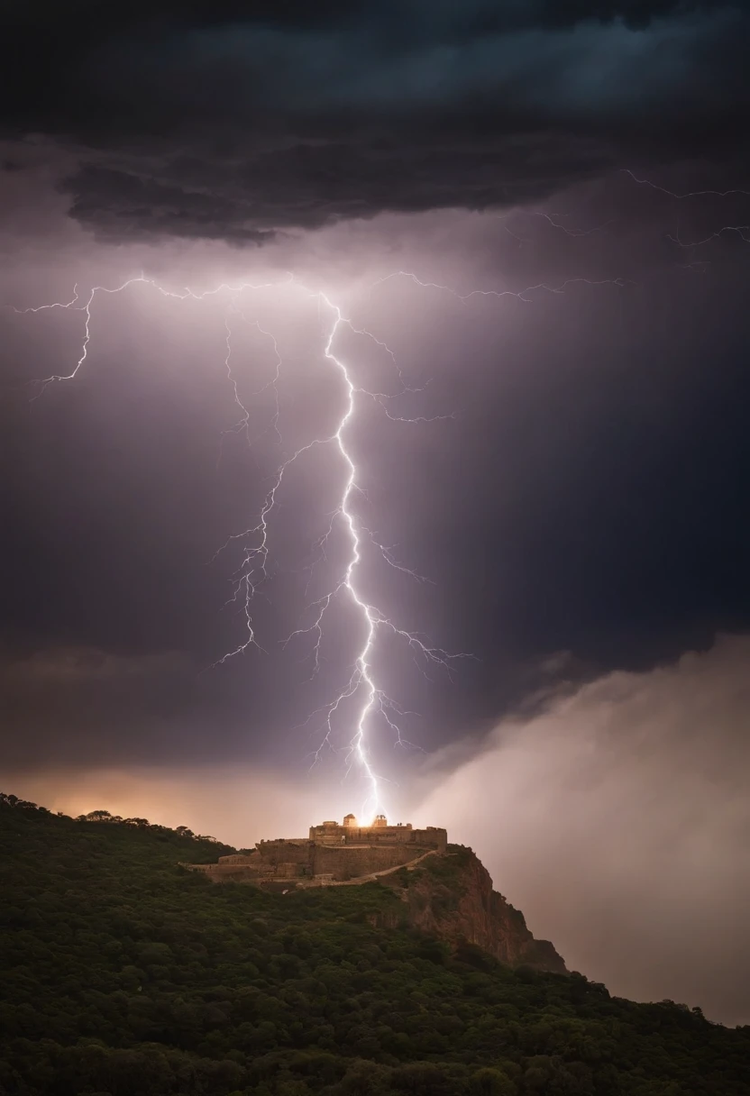 crie um prompt para criar imagens ilustrando Deus descendo no monte Sinal, quero imagen ultra realista e em 4k "Imagine an epic, cena ultrarrealista em 4K: Deus desce do Monte Sinai em meio a uma tempestade impressionante. The mountain is covered in lightning and dark clouds as lightning lights up the sky. God is surrounded by a divine aura, with flowing white beards and eyes that radiate wisdom and power. Its majestic figure slowly descends towards the earth, com um manto que parece feito de estrelas cintilantes. Ao descer, The surrounding landscape is bathed in heavenly light, And the people below look on with reverence and awe and rain ."