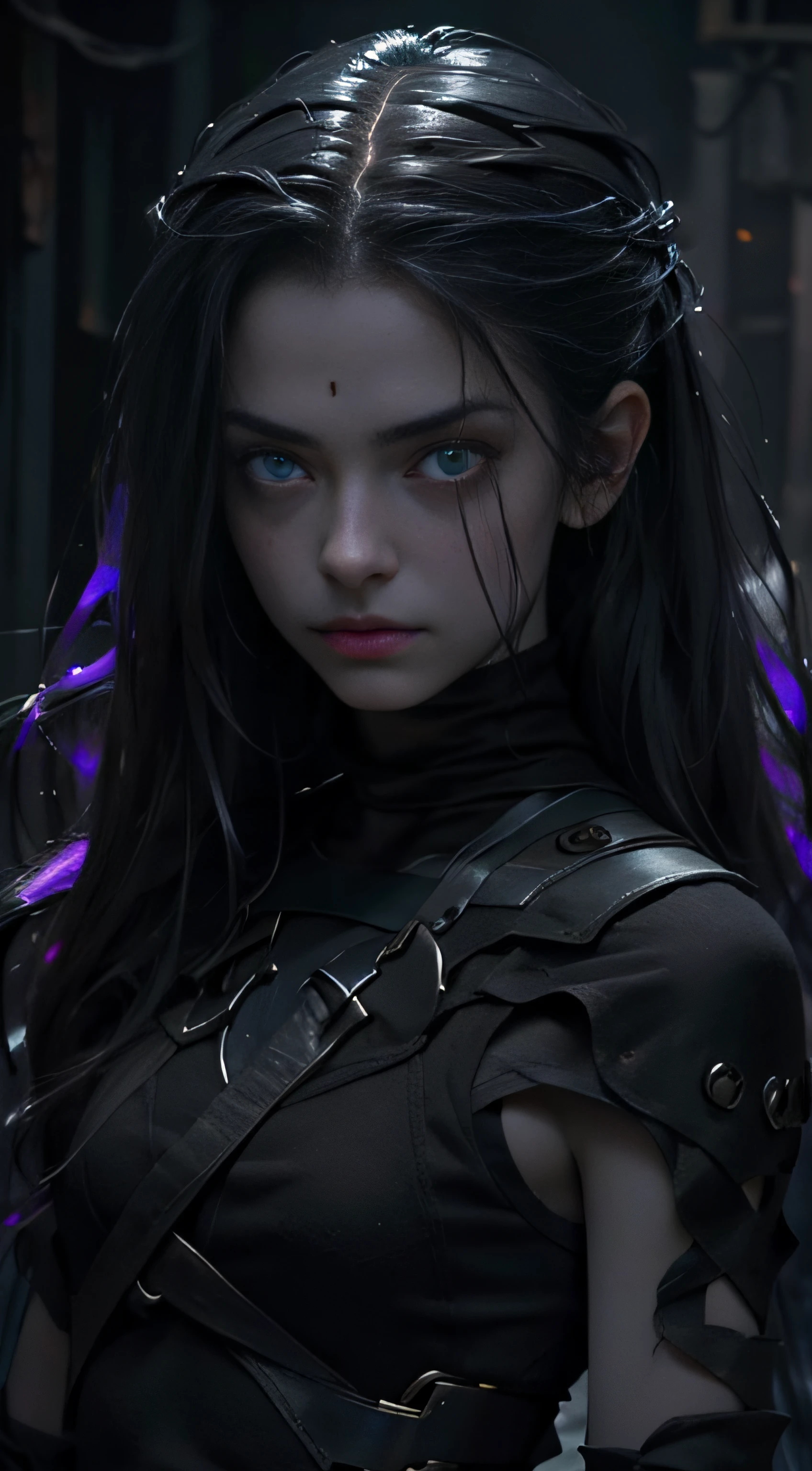 (master part), 1very thin girl with very pale white skin, com olhos vermelhos, horror, she is very beautiful, She's slim, evocar, medo, terror, pavor, decair, nojo, Escuro, excepcionalmente multa, up to, desgrenhado, peito emaciado, torcido, assustador, doente, (Messy_Longas_Escuro_pelos), mistborn, evil eyes, olhos brilhantes, (she's wearing a black_vestir), clima de outono, frio, night time, fundo plano cinza