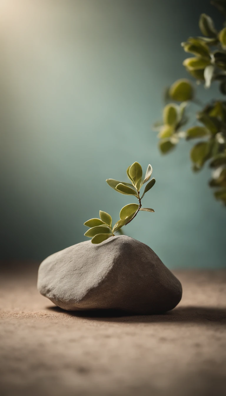 best quality, high resolution photograph, cinematic photo, a rock surface next to a small wooden branch, indoor, blurred plant obstacle, pastel colored wall background, soft lighting